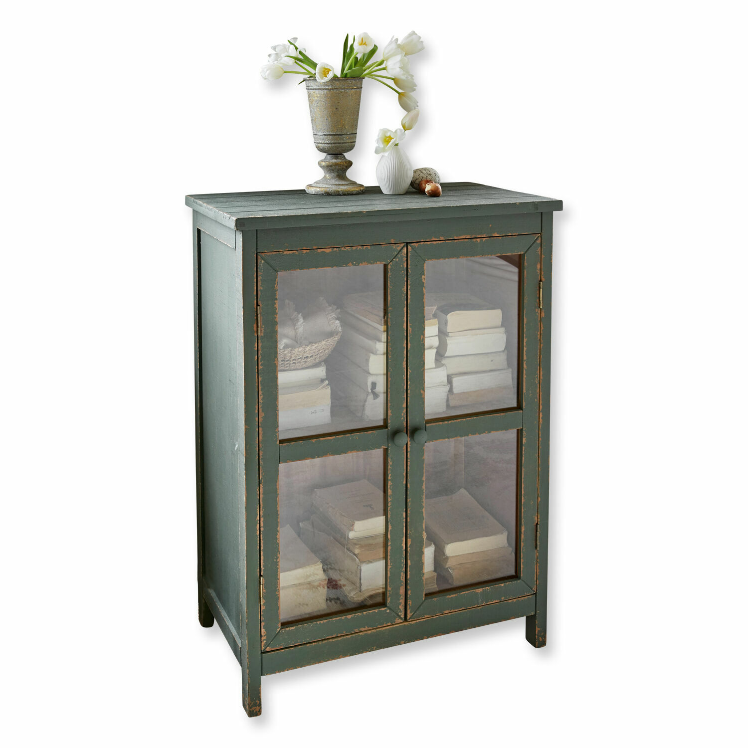 Commode Alajela Armoire verte en bois avec portes vitrées et décoration florale sur le dessus, meuble de rangement vintage
