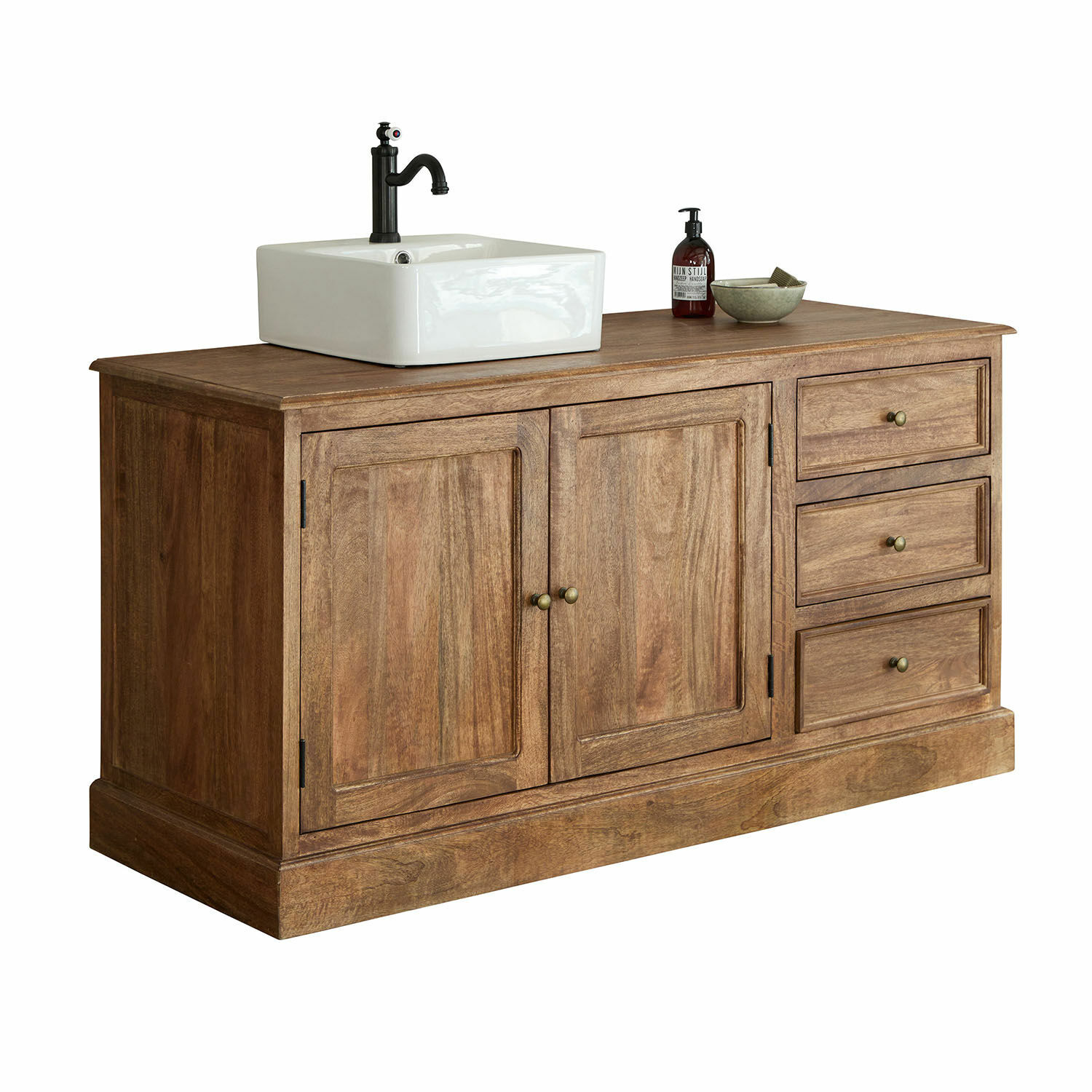 Meuble et vasque Dorchester Meuble de salle de bain en bois avec lavabo en céramique et robinet noir, couleur bois naturel