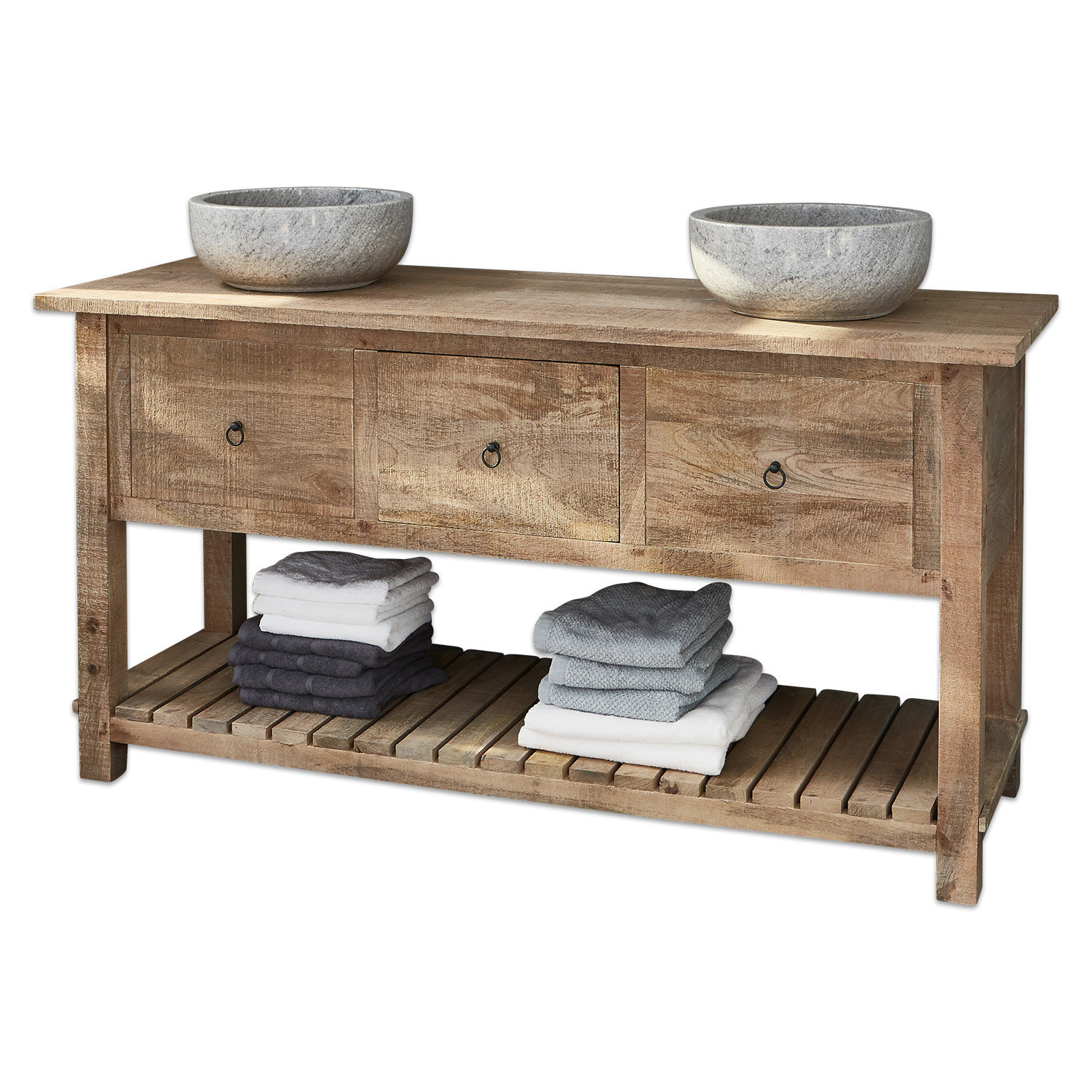 Meuble à double-vasque Ravel Console de salle de bain en bois naturel avec trois tiroirs et deux vasques en pierre grise