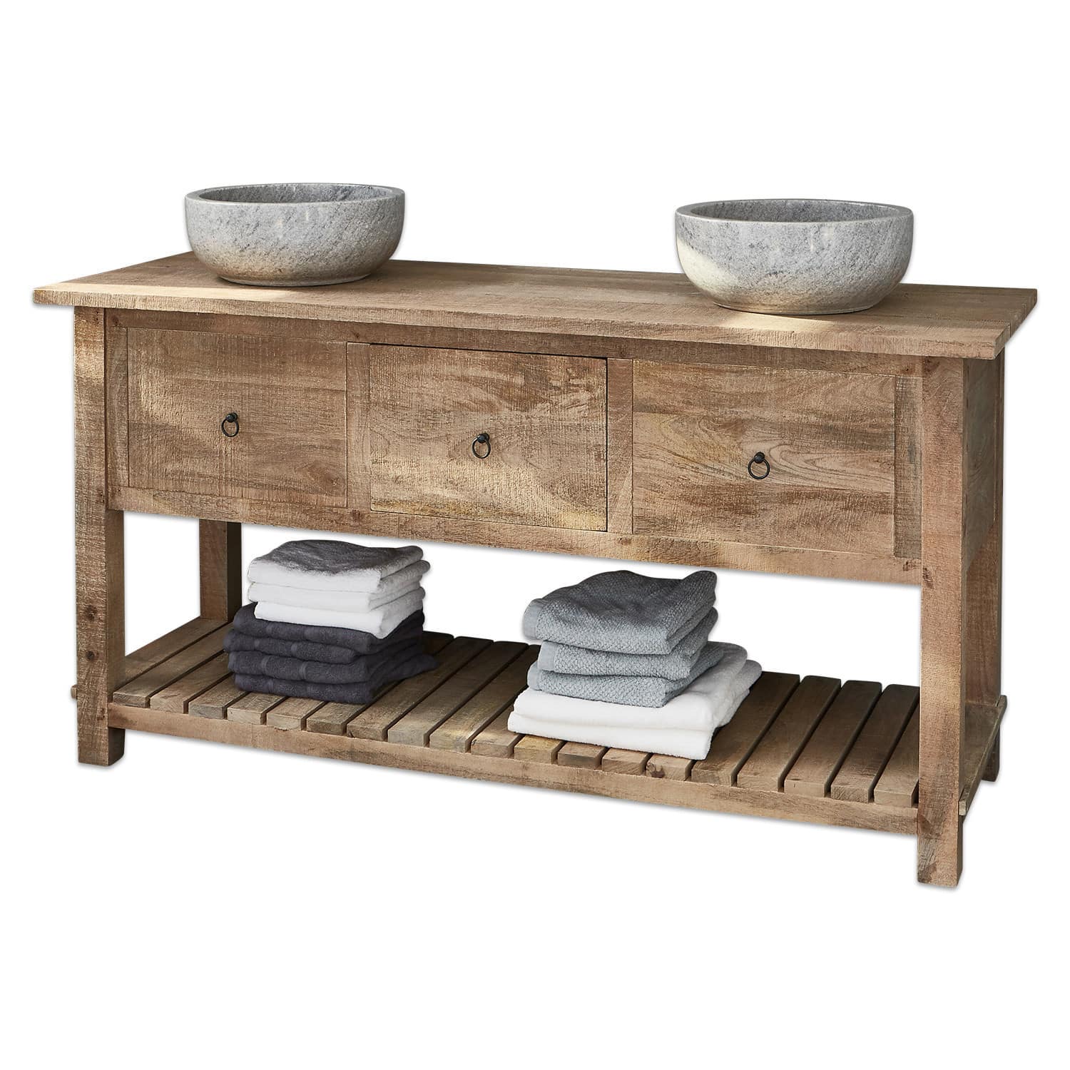 Meuble à double-vasque Ravel Console de salle de bain en bois naturel avec trois tiroirs et deux vasques en pierre grise