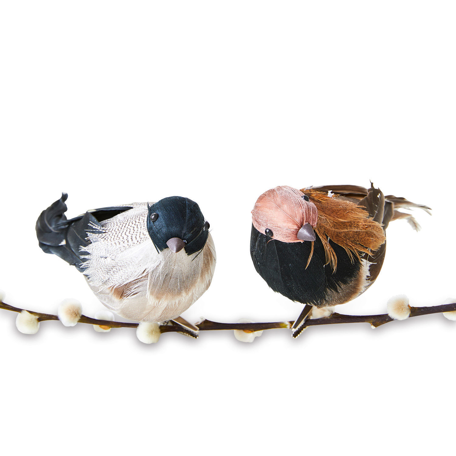 Lot de 2 oiseaux décoratifs Harera Deux oiseaux décoratifs en plumes sur une branche avec bourgeons, décoration naturelle pour intérieur