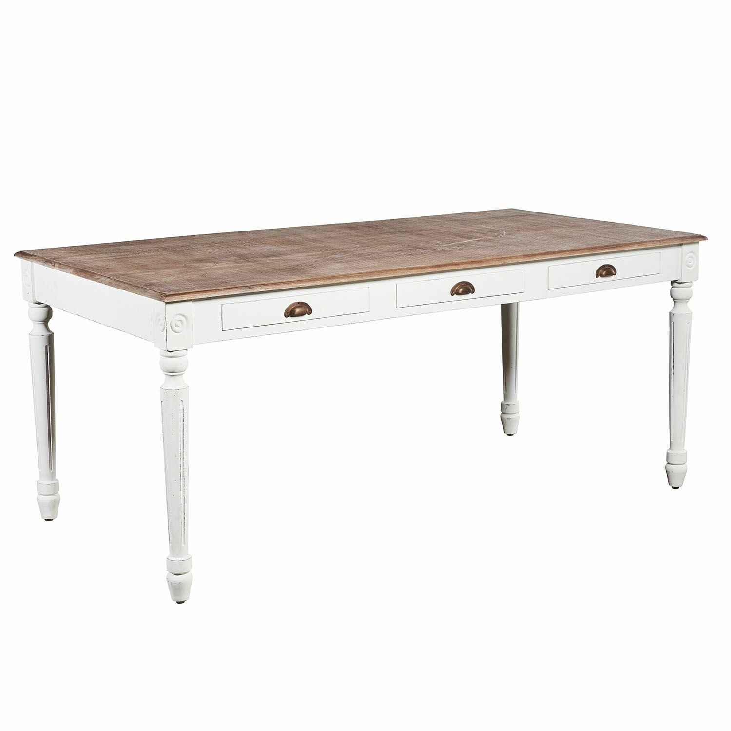 Table Helsinquia Table en bois avec base blanche et plateau en bois naturel, tiroirs et pieds classiques sculptés