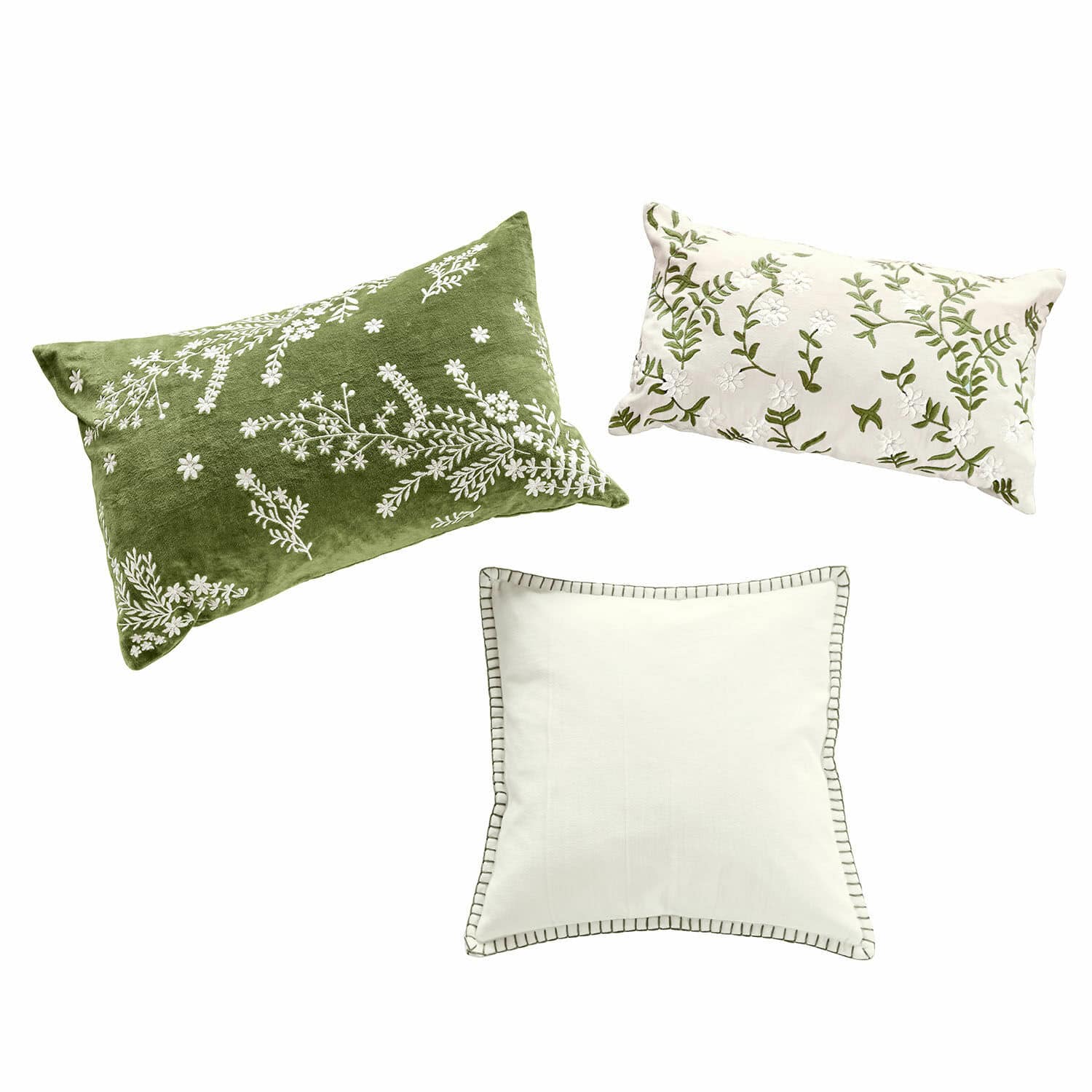 Lot de 3 housses de coussins Iplique Ensemble de trois coussins décoratifs avec broderies vertes et blanches, tissu doux, décoration intérieure