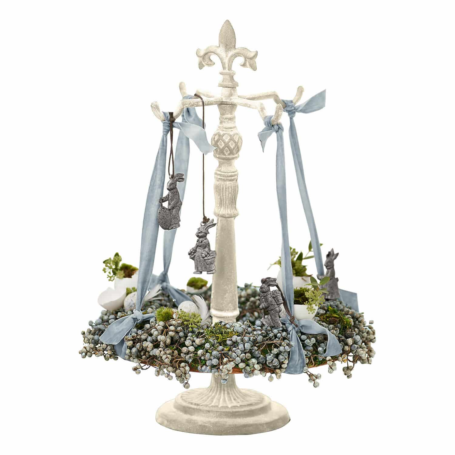 Support pour couronne Antwan Support décoratif en métal blanc avec rubans bleus et décorations lapin grises suspendues