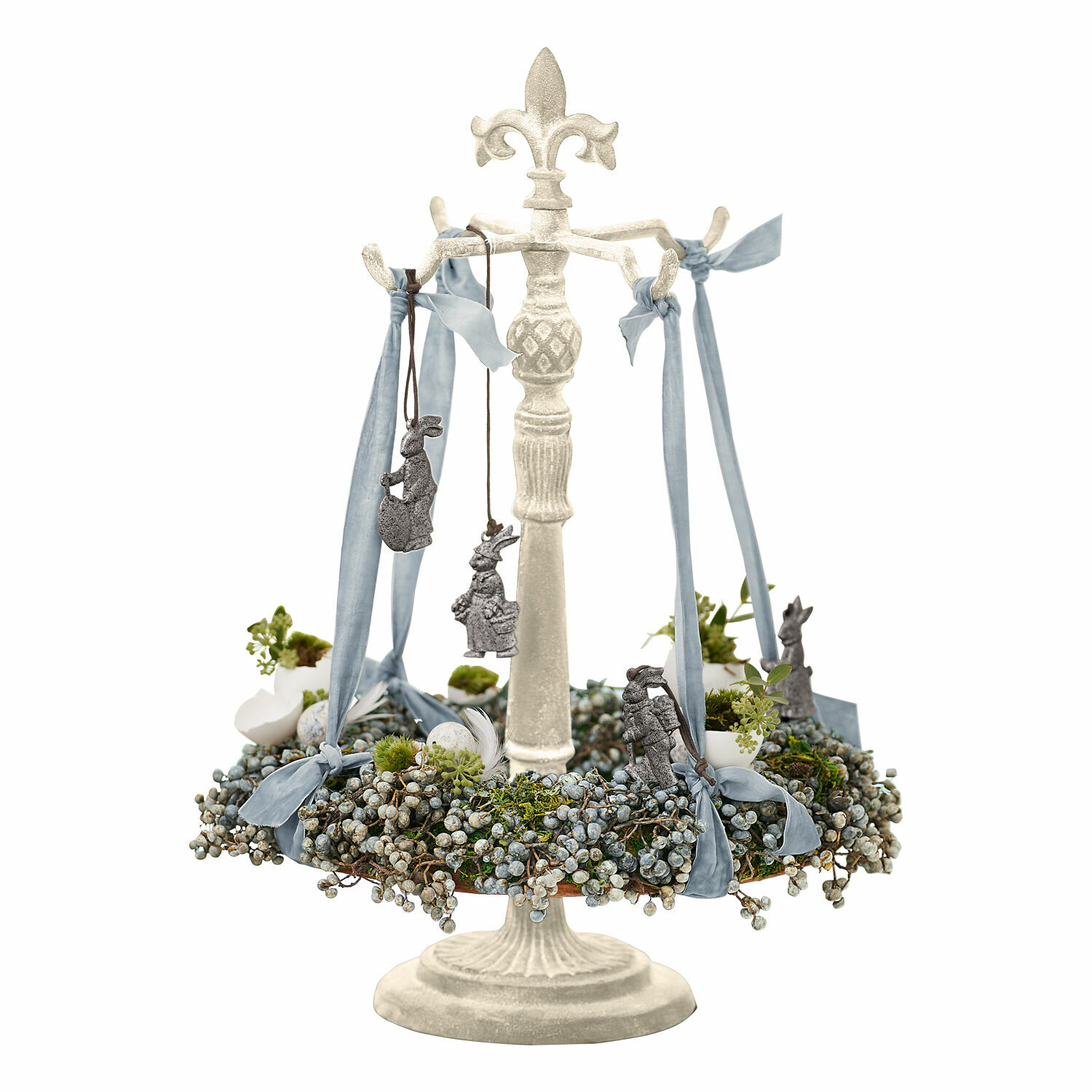 Support pour couronne Antwan Support décoratif en métal blanc avec rubans bleus et décorations lapin grises suspendues