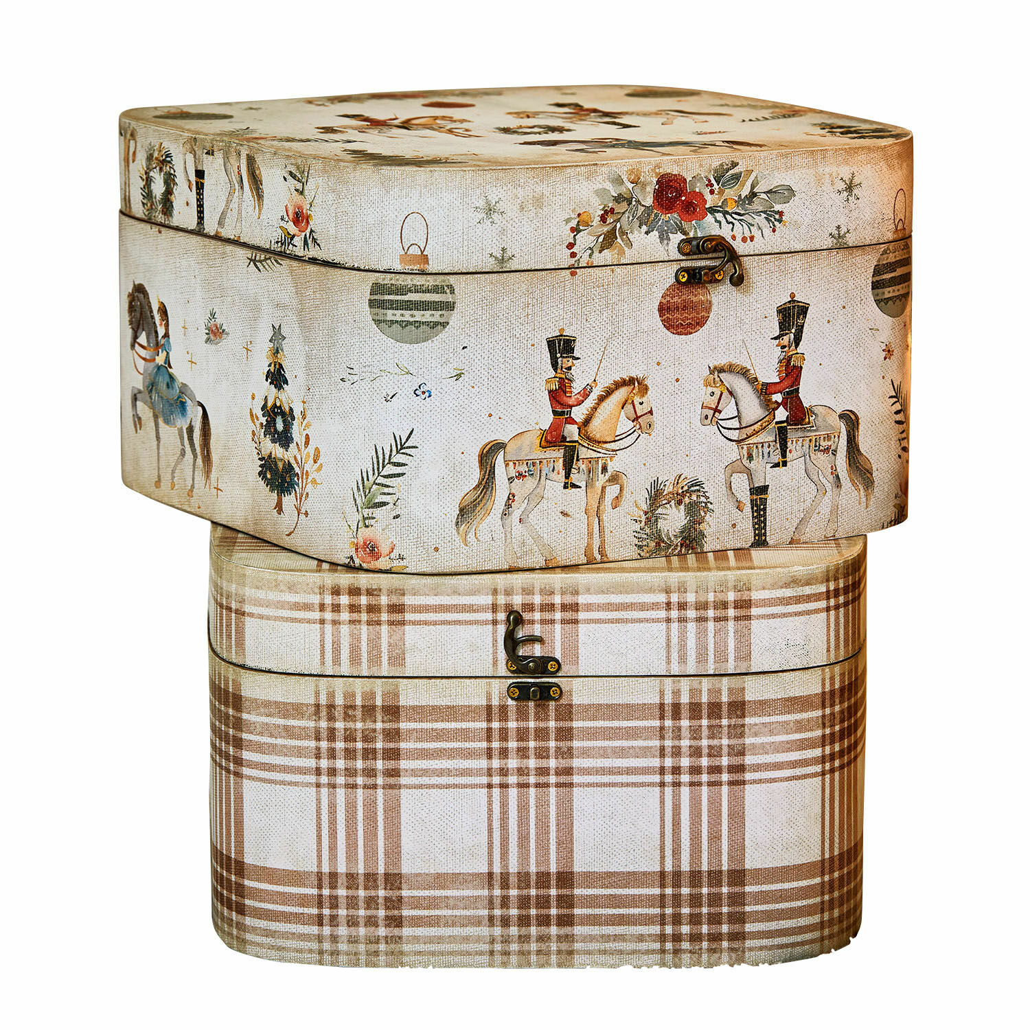 Lot de 2 boîtes Cormira Ensemble de deux boîtes décoratives en tissu beige à carreaux marron avec motif de soldats à cheval vintage