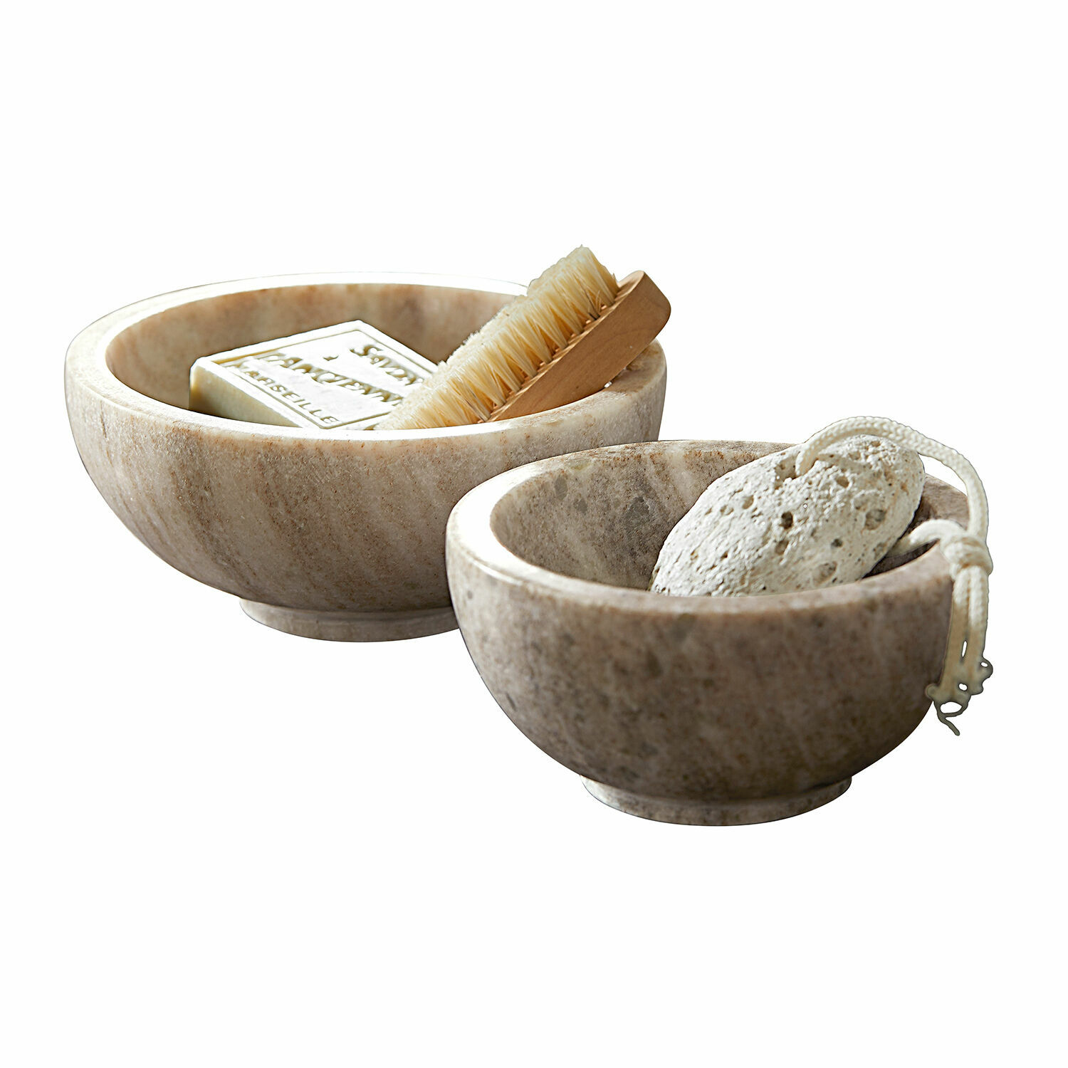 Lot de 2 coupelles Isamont Deux bols en marbre beige avec savon, brosse et pierre ponce pour soins corporels
