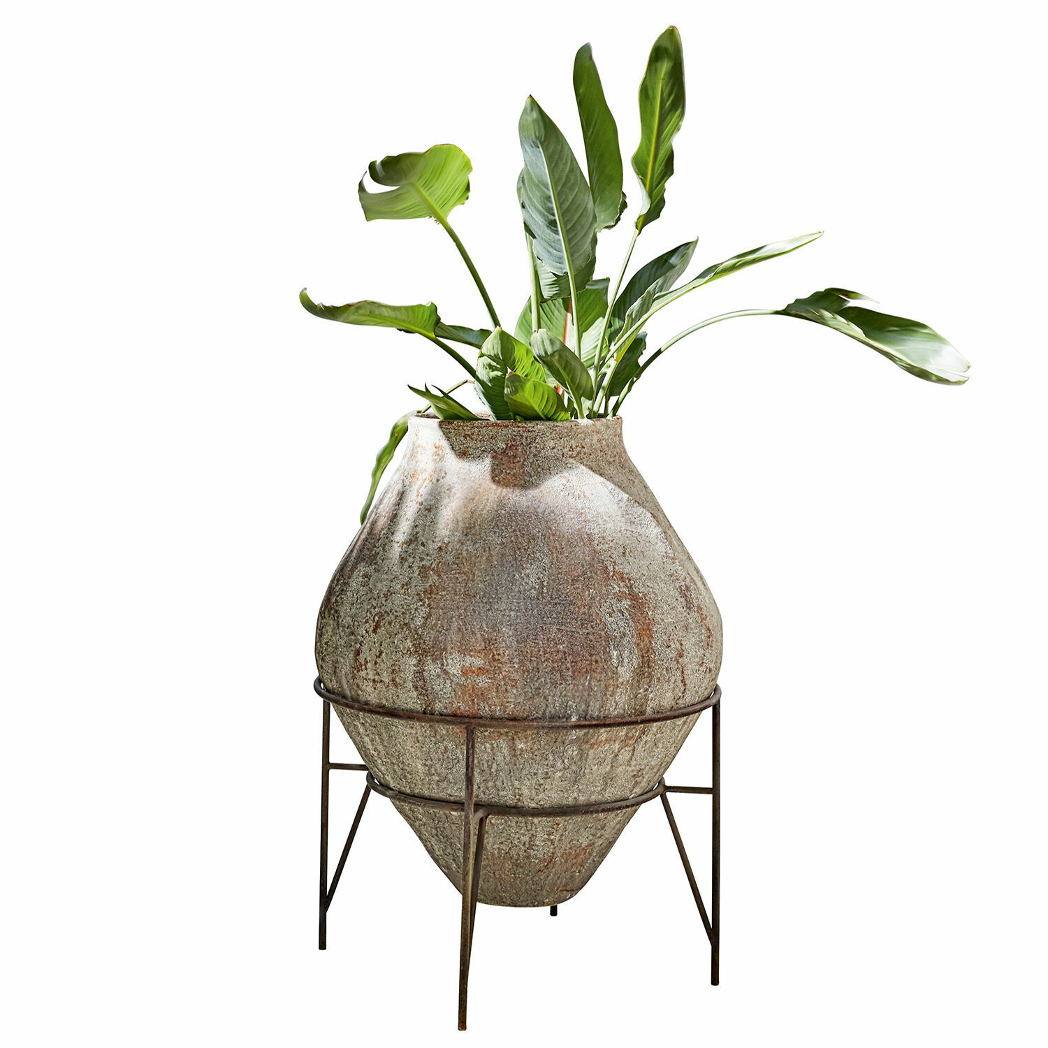 Vase Pive Grand pot en pierre sur support métallique avec plante verte, décoration intérieure et jardin