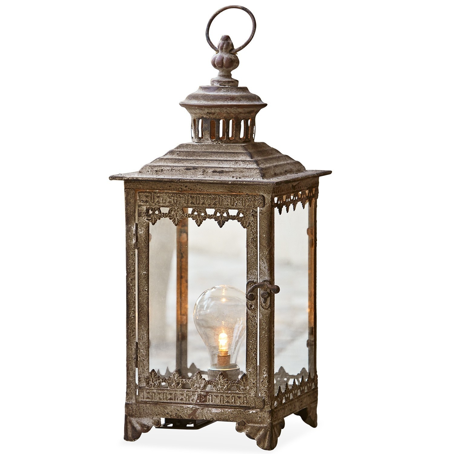 Lanterne LED Féerie Lanterne décorative en métal style vintage avec verre transparent et ampoule, couleur rouille