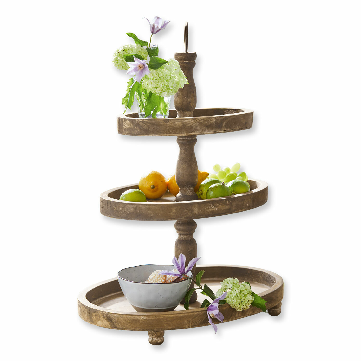 Présentoir à étages Olathe Présentoir à trois niveaux en bois marron avec fruits et fleurs pour décoration de table