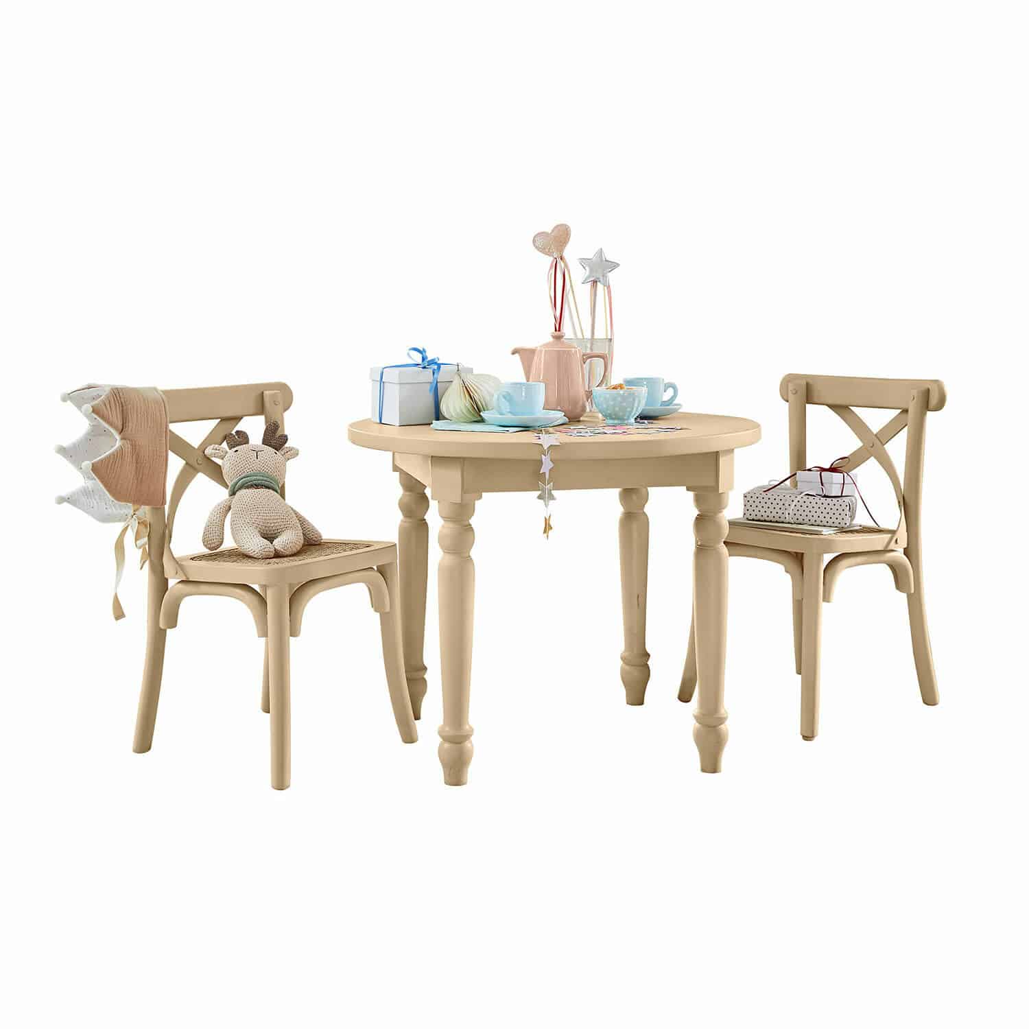 Groupe de sièges pour enfants Sourila Table ronde en bois beige avec deux chaises et décorations pour thé et cadeaux