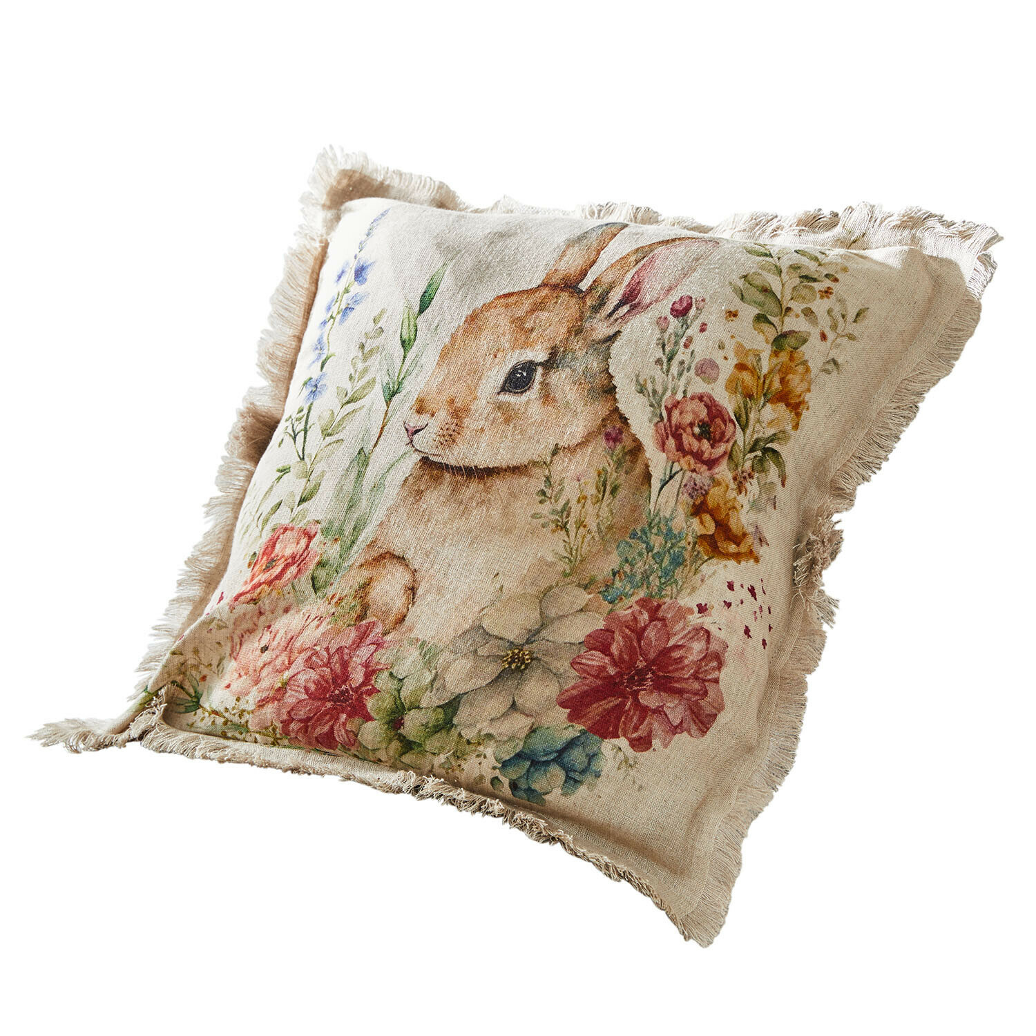 Housse de coussin Parélys Coussin en lin beige avec imprimé lapin et fleurs colorées, décoration intérieure élégante