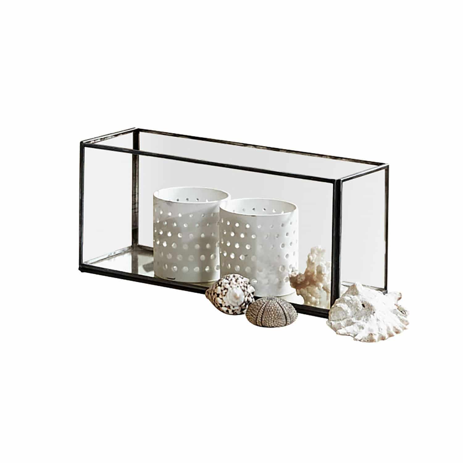 Photophore Flavin Cache en verre rectangulaire avec cadre métallique et bougeoirs en céramique blanche perforée
