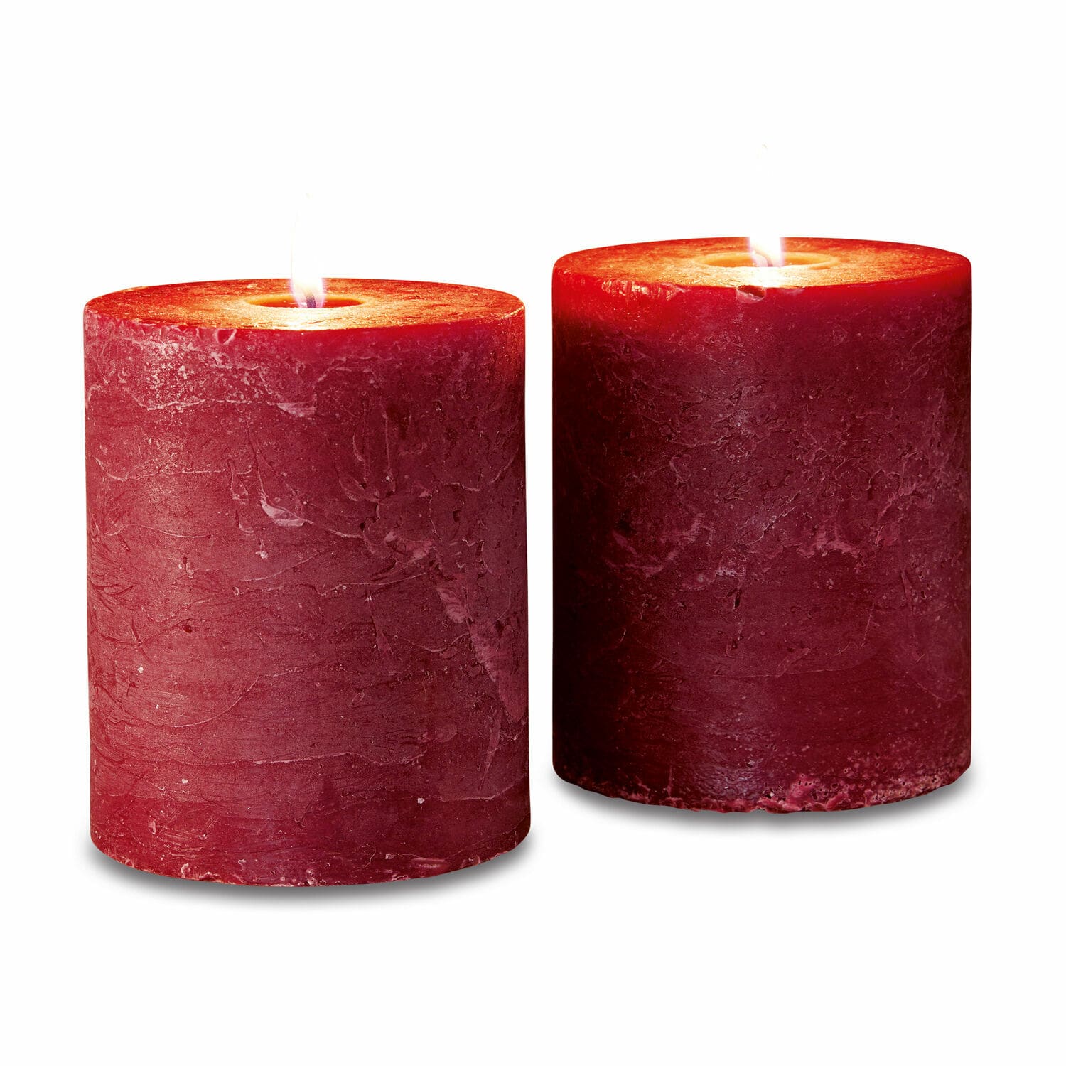 Lot de 2 bougies Oviedo Deux bougies rouges en cire avec texture rustique, parfaites pour la décoration intérieure et la détente
