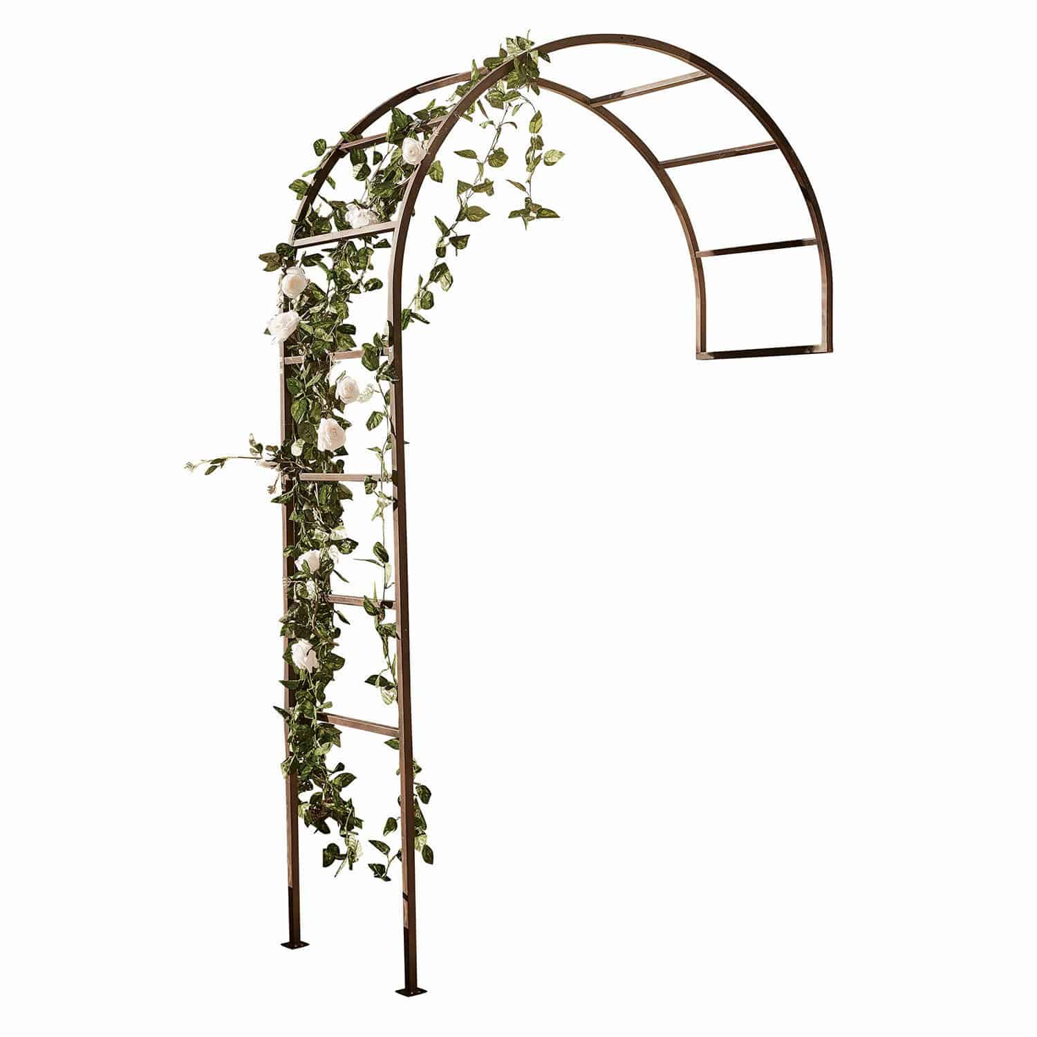 Arche à rosiers Auburn Pergola en métal brun avec feuillage vert et fleurs blanches pour décoration de jardin