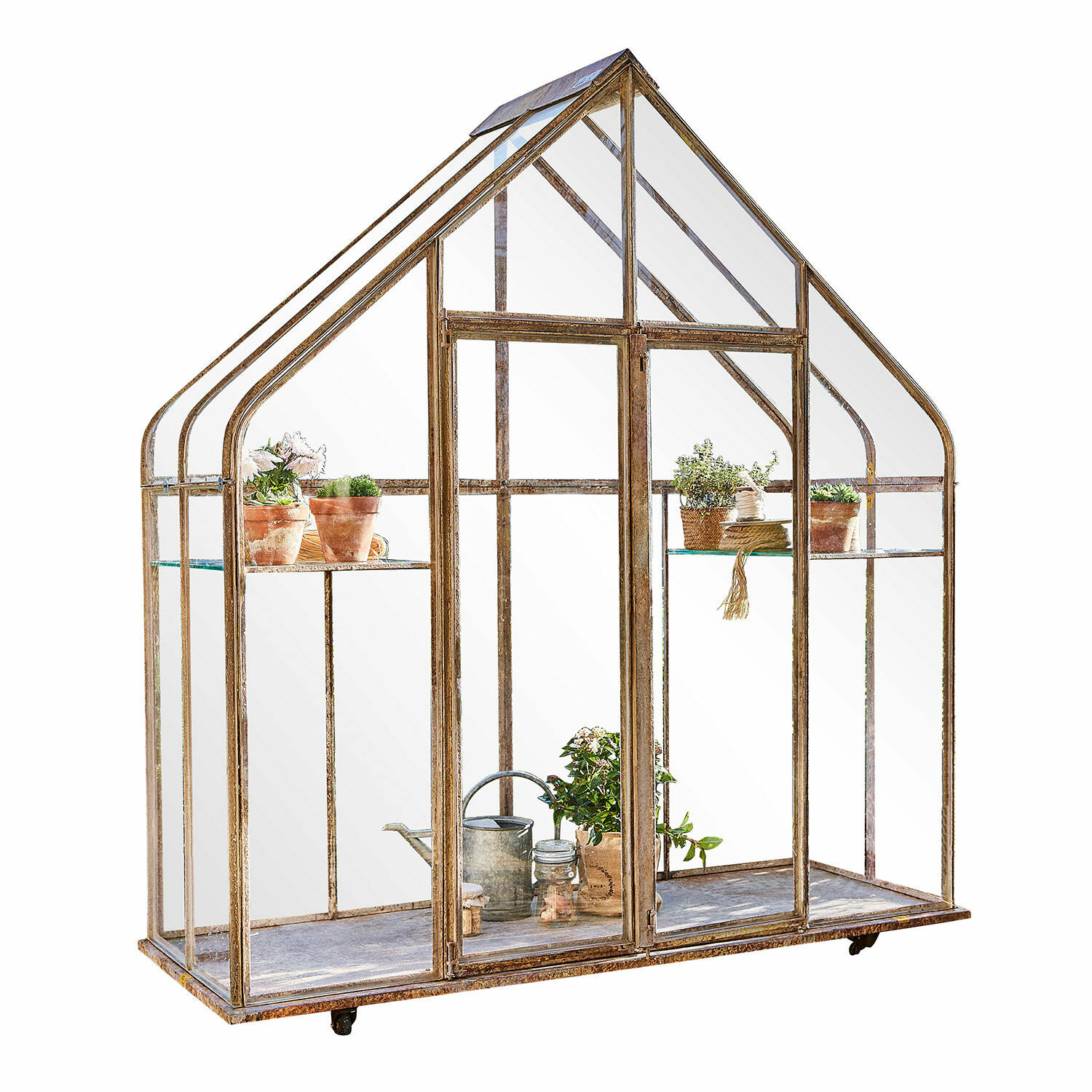 Serre Belfaux Serre décorative en métal rouillé avec étagères en verre pour plantes et outils de jardinage