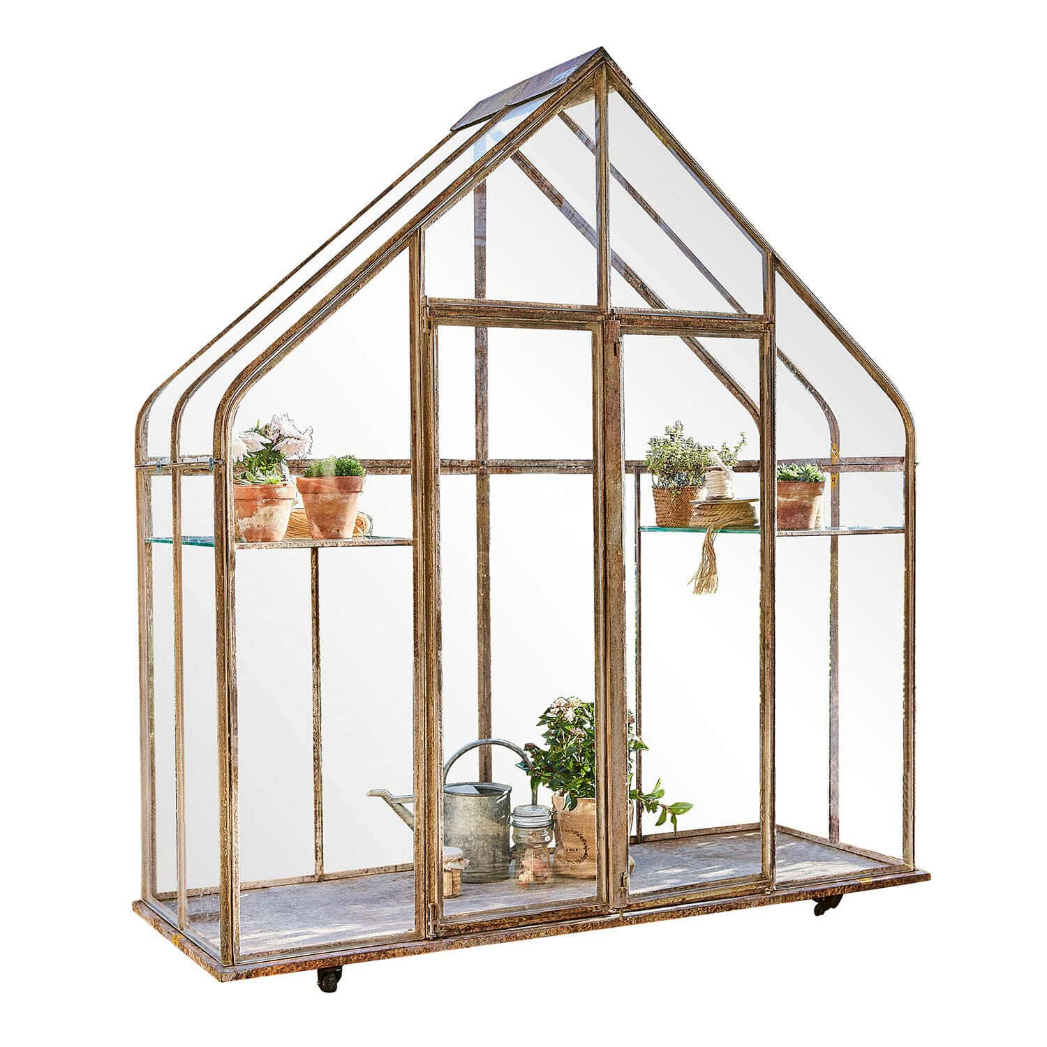 Serre Belfaux Serre décorative en métal rouillé avec étagères en verre pour plantes et outils de jardinage