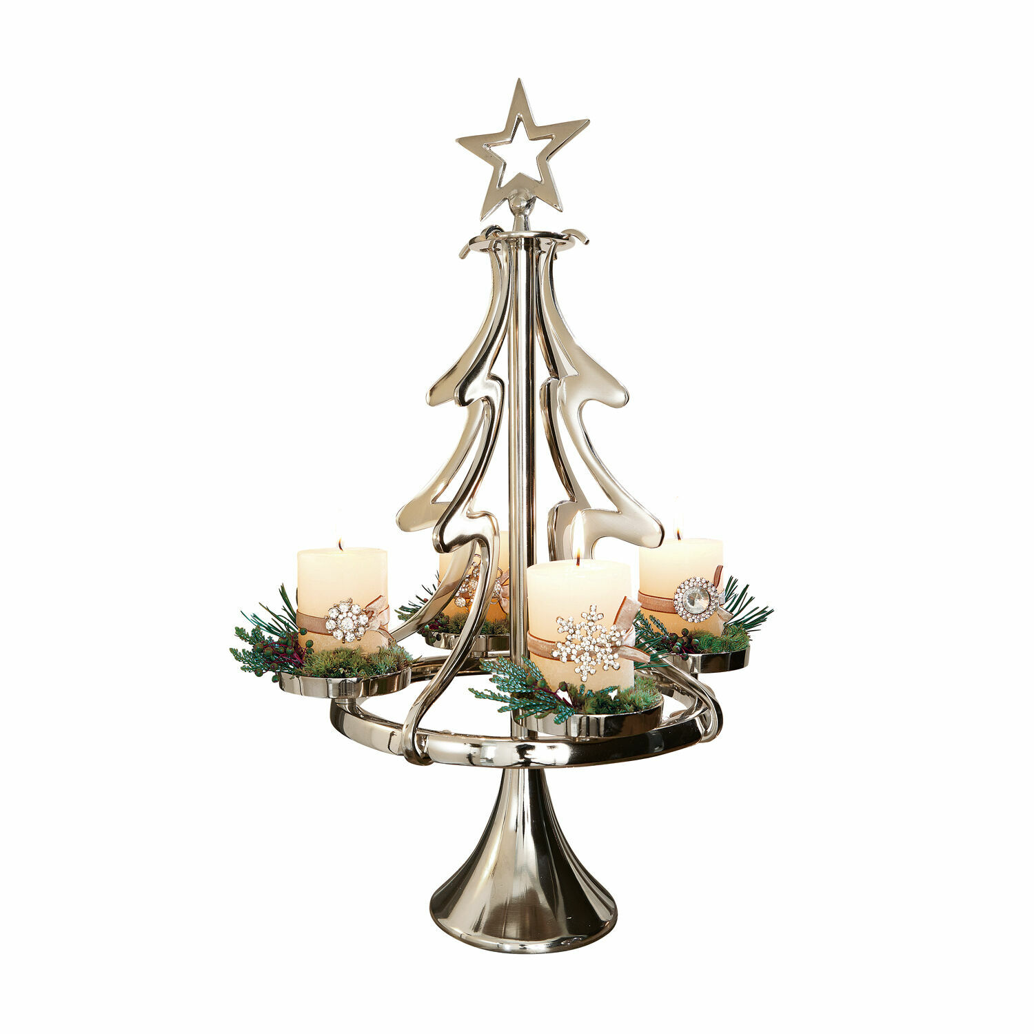 Bougeoir de l'Avent Gaetana Bougeoir en métal en forme de sapin avec quatre bougies blanches et décorations de Noël