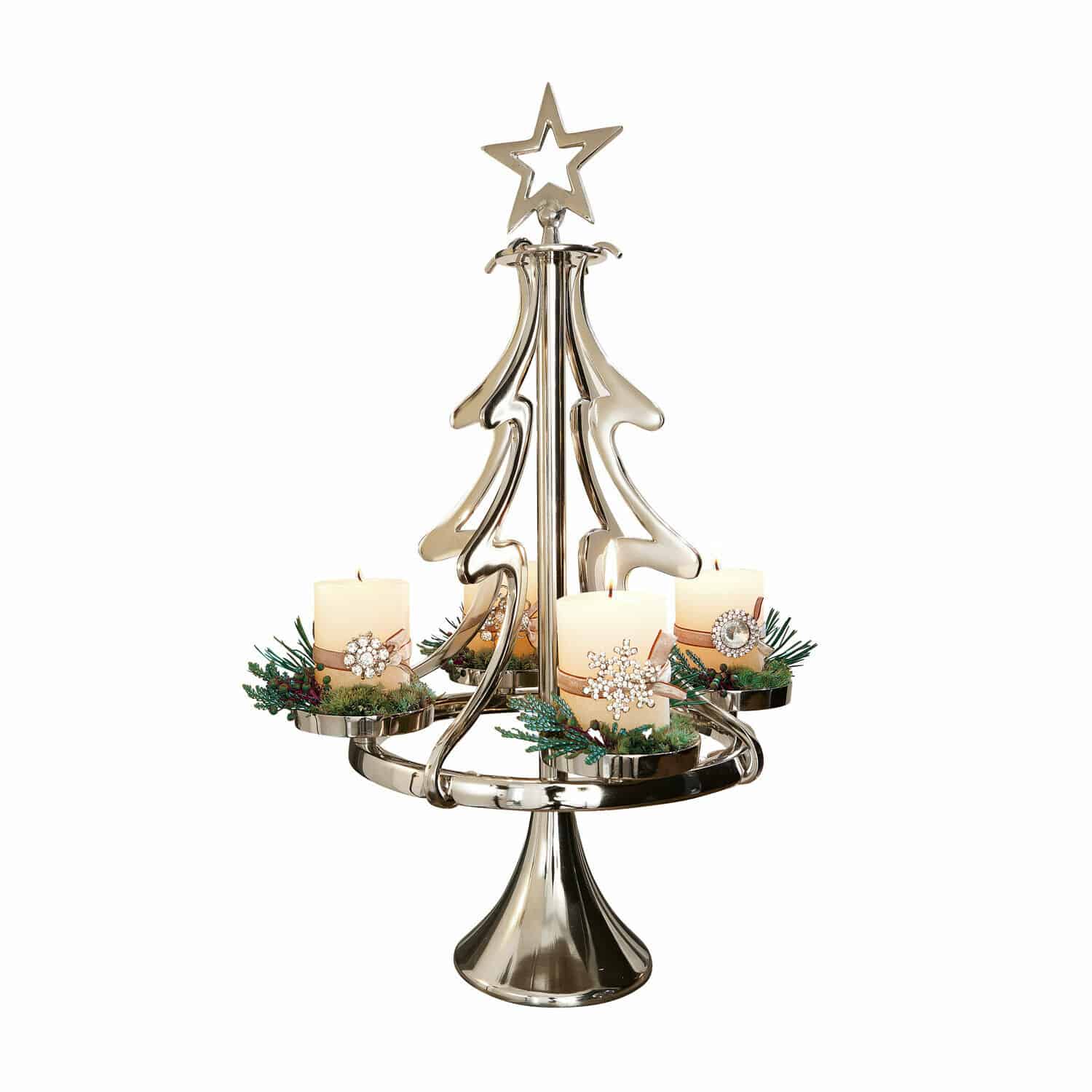 Bougeoir de l'Avent Gaetana Bougeoir en métal en forme de sapin avec quatre bougies blanches et décorations de Noël