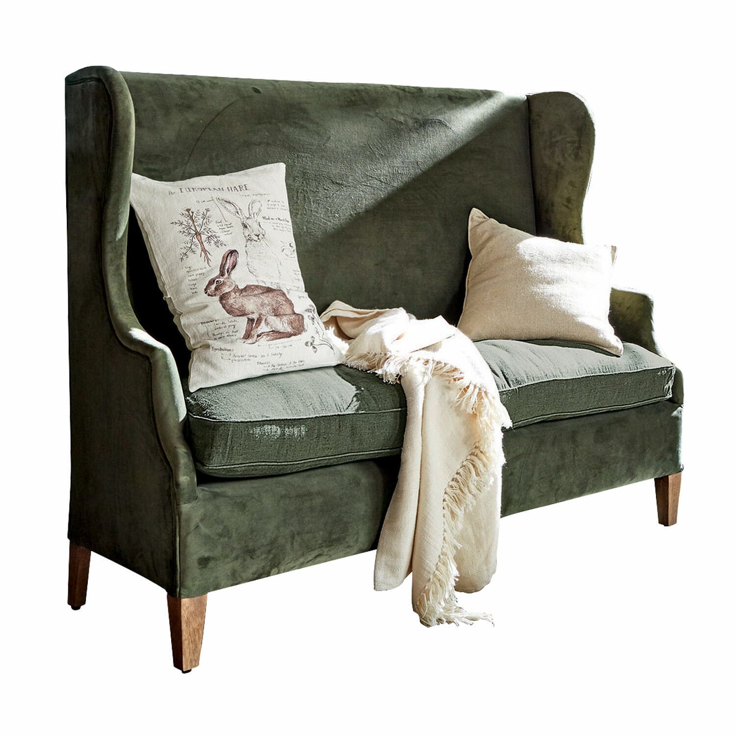 Canapé Ombra Canapé vert en velours avec pieds en bois, coussins décoratifs et plaid crème
