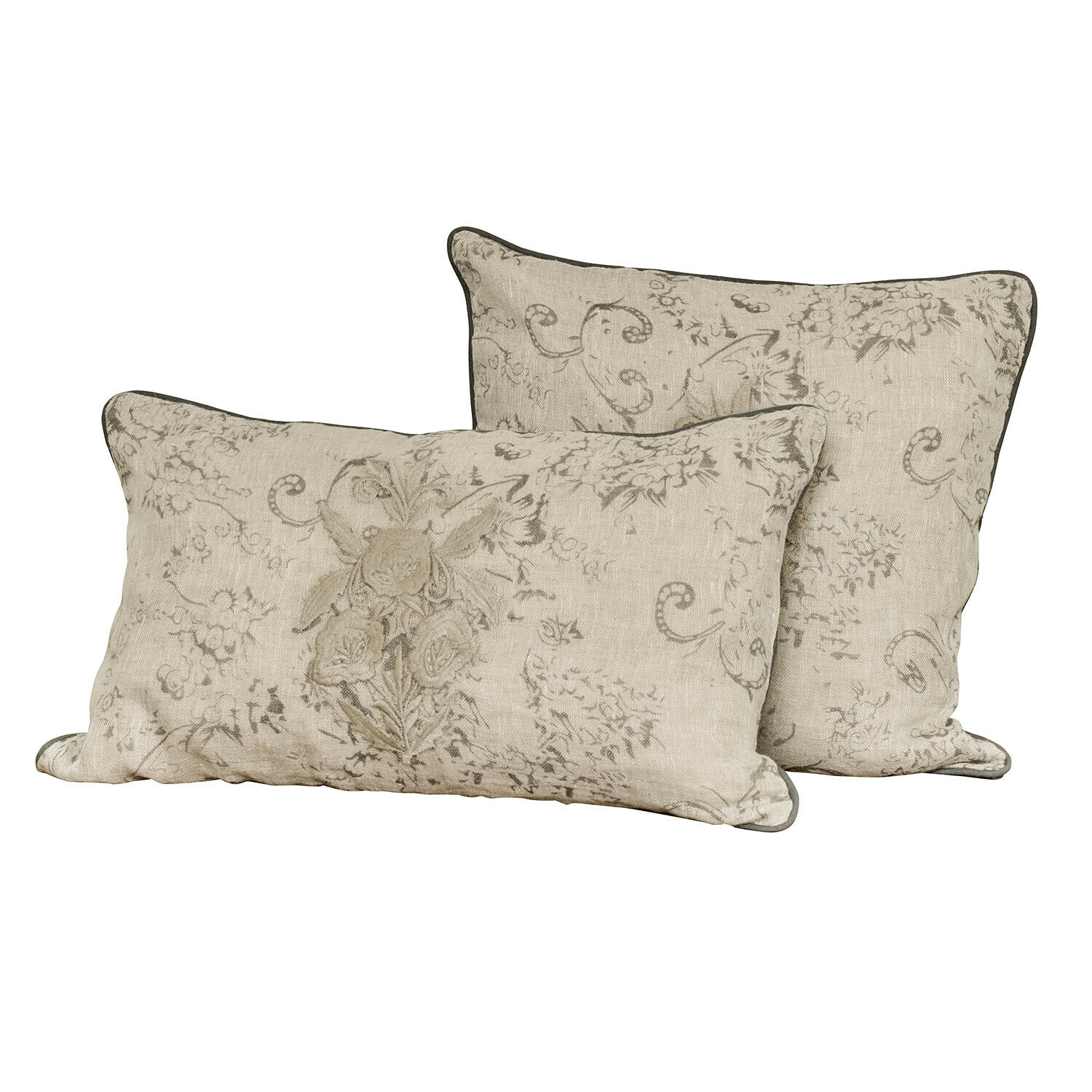 Lot de 2 housses de coussins Tenerosa Ensemble de deux coussins décoratifs beige en lin avec motif floral et bordure grise