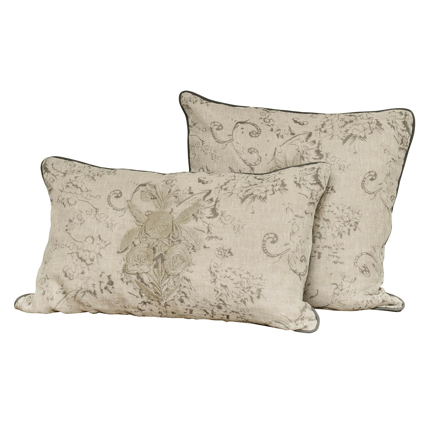 Lot de 2 housses de coussins Tenerosa Ensemble de deux coussins décoratifs beige en lin avec motif floral et bordure grise