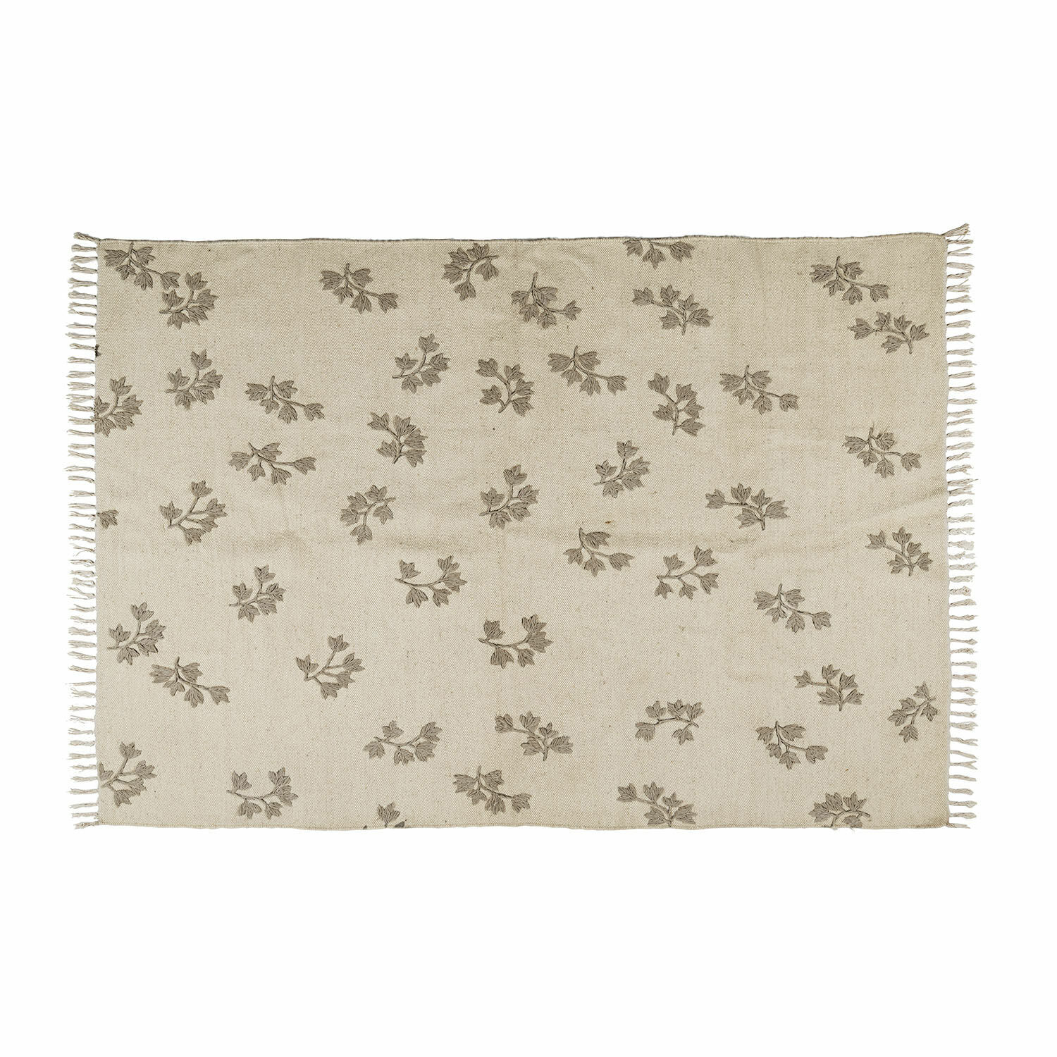 Tapis Galorique Tapis beige en coton avec motif feuilles marron et franges, décoration naturelle et élégante