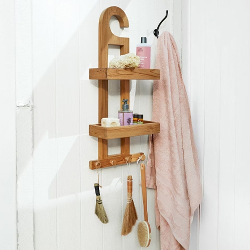 Étagère murale en bois naturel avec crochets et accessoires de salle de bain, rangement fonctionnel