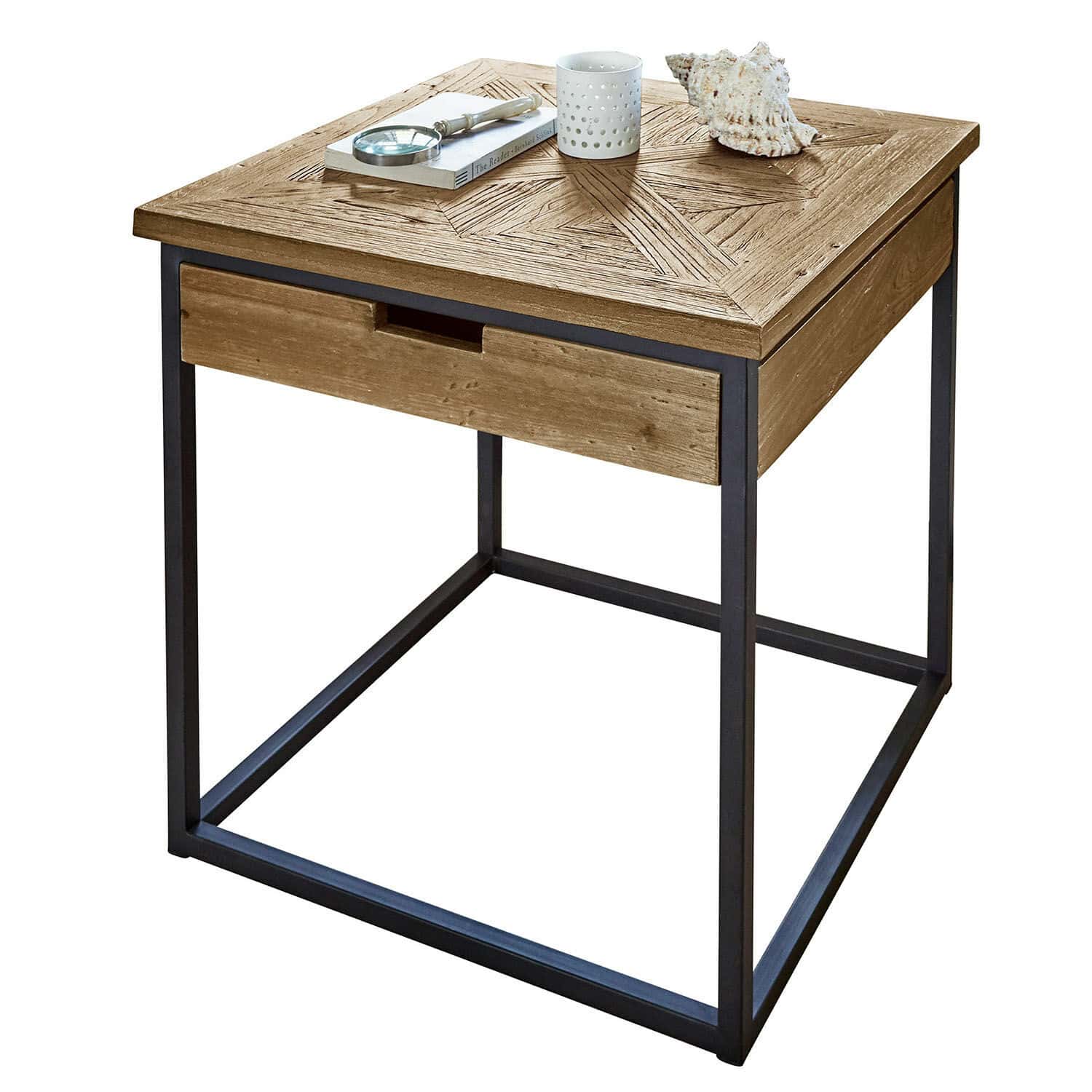 Table d’appoint Lépaud Table carrée en bois naturel et métal noir avec tiroir et objets décoratifs sur le dessus