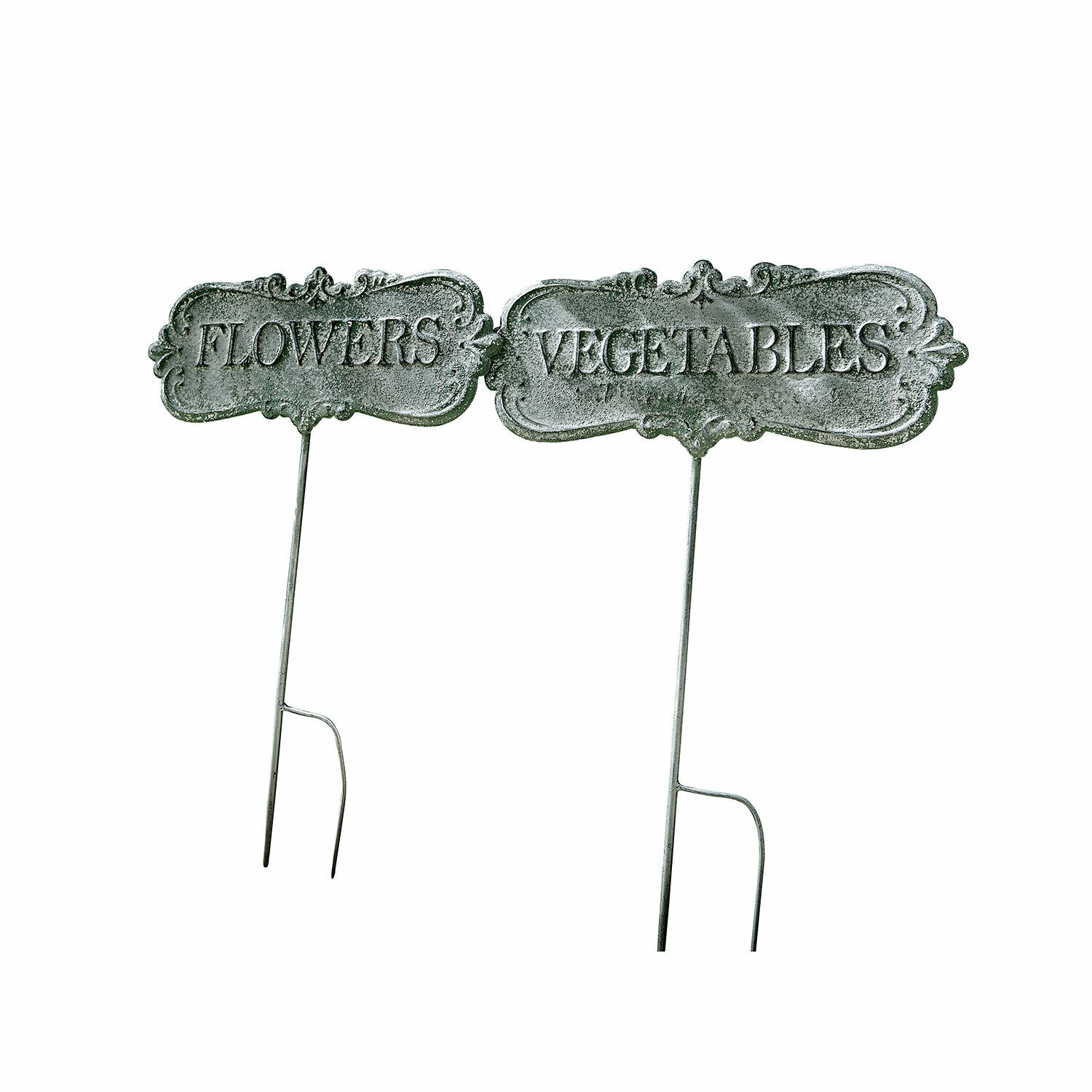Lot de 2 piques de jardin Flowers & Vegetables Étiquettes de jardin en métal gris avec inscriptions Flowers et Vegetables pour plantes