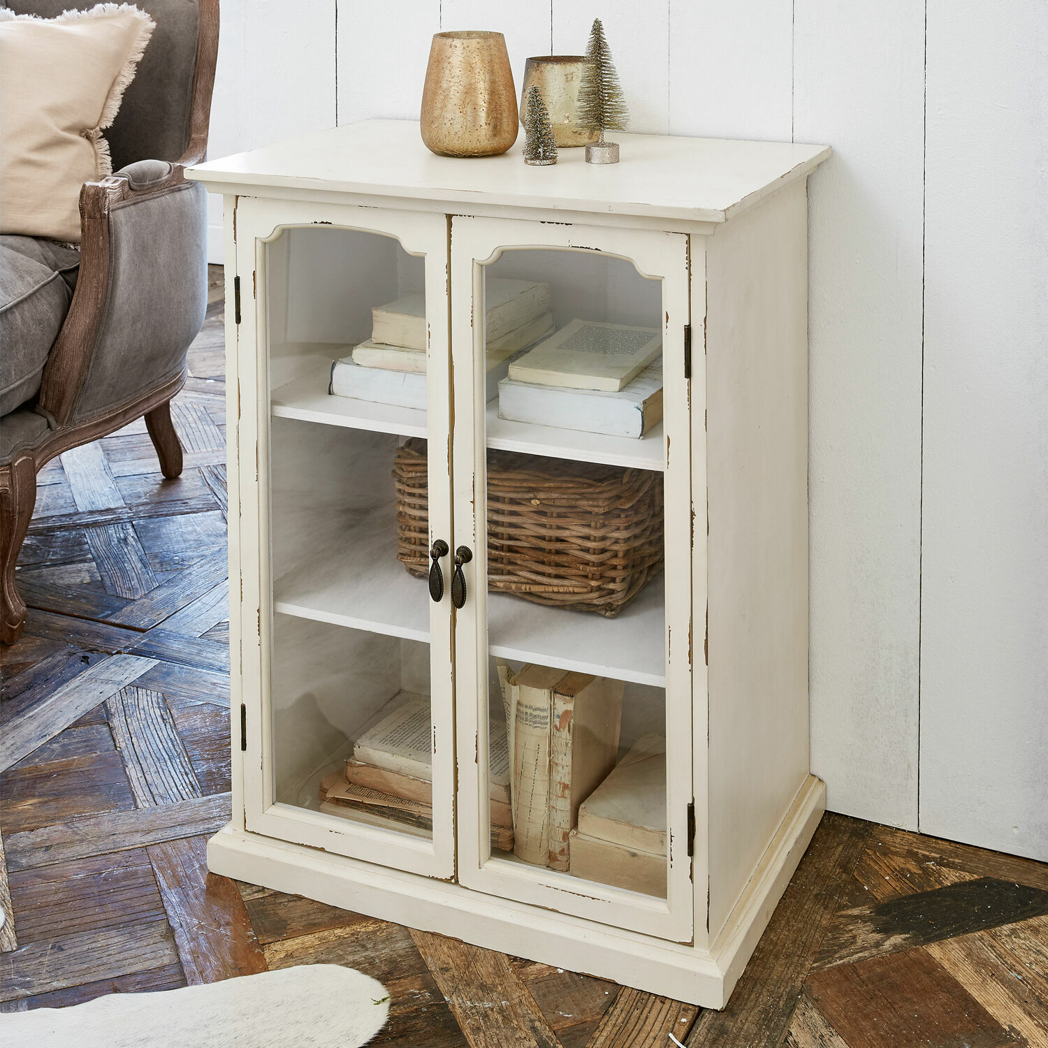Commode Greve Armoire blanche en bois avec portes vitrées et étagères pour livres et décorations
