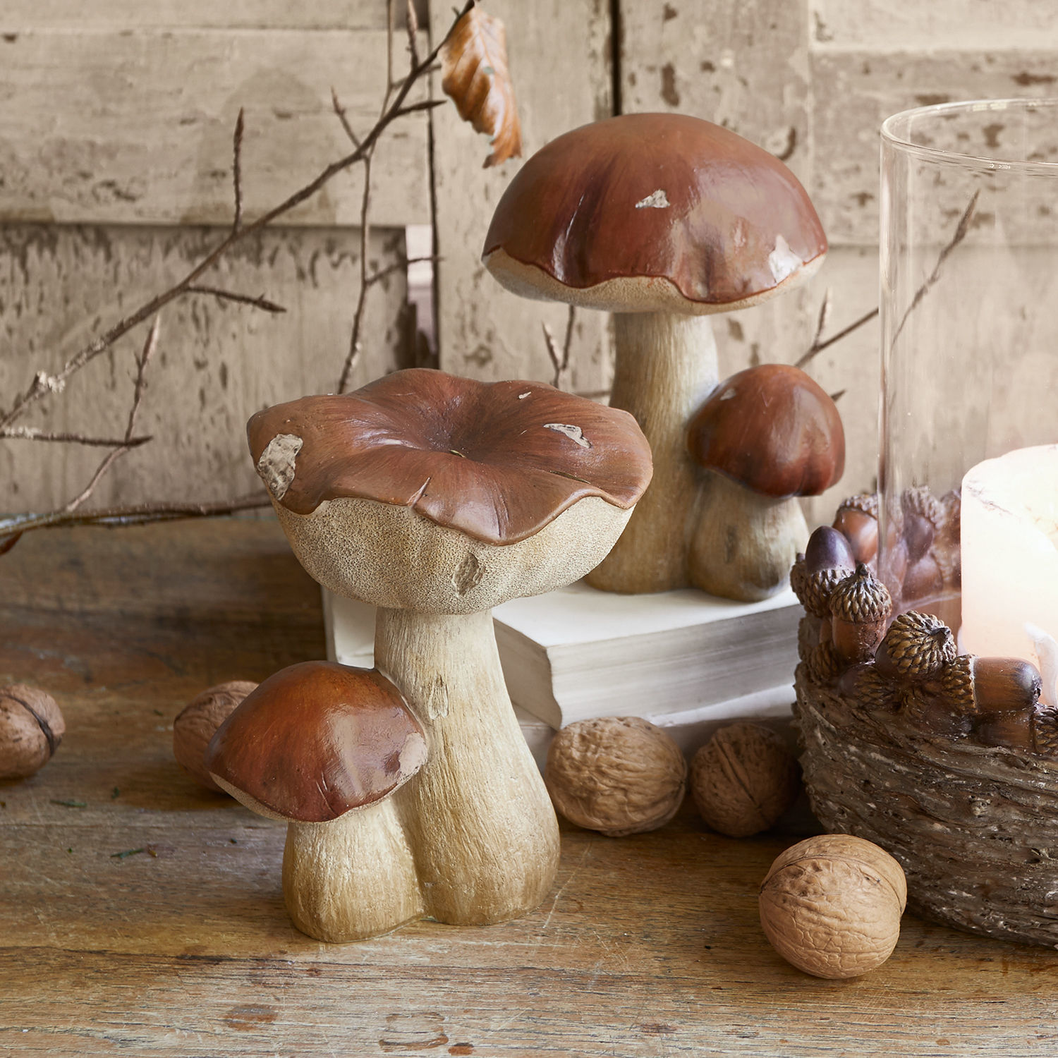 Lot de 2 champignons décoratifs Beenie Champignons décoratifs en résine marron et beige sur une table en bois avec des noix