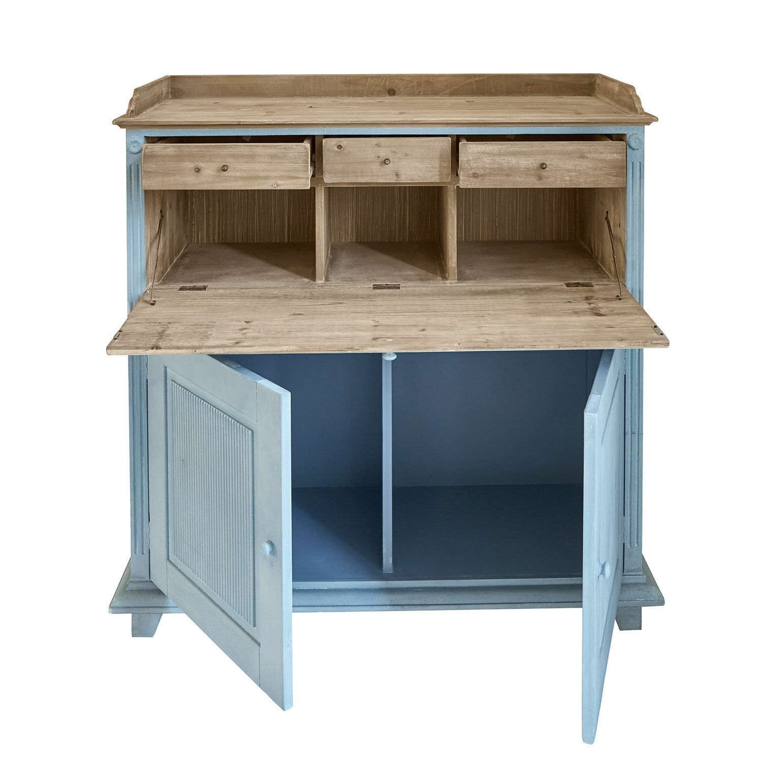 Secrétaire Marignelle Commode en bois avec portes bleues et plateau naturel, tiroirs et étagères pour rangement pratique