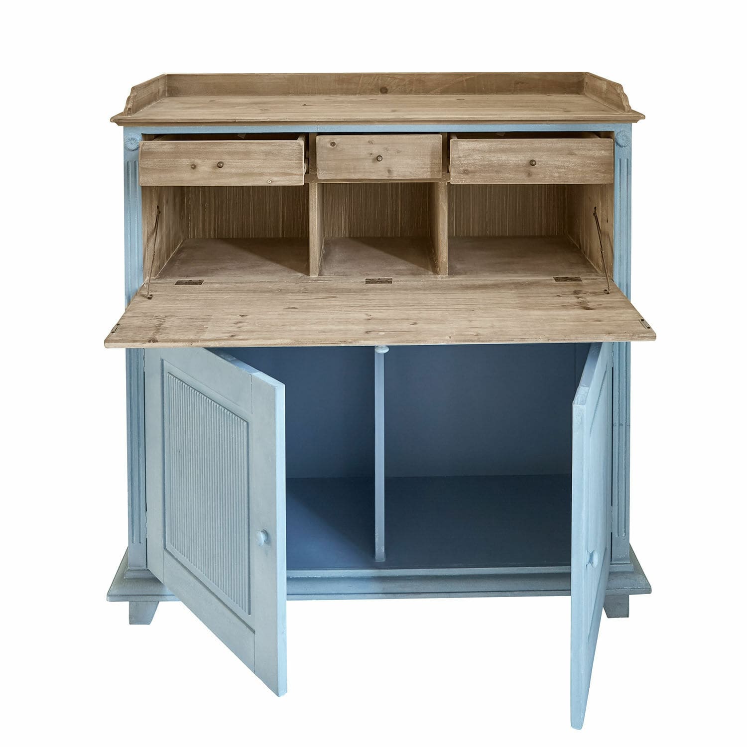 Secrétaire Marignelle Commode en bois avec portes bleues et plateau naturel, tiroirs et étagères pour rangement pratique