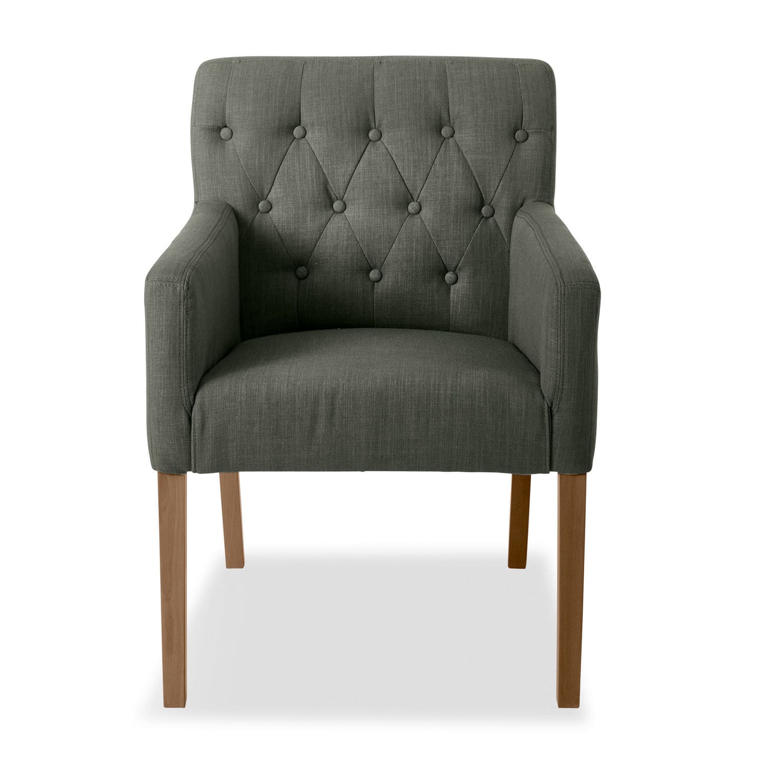 Fauteuil Betterton gris en tissu avec dossier capitonné et pieds en bois pour salon