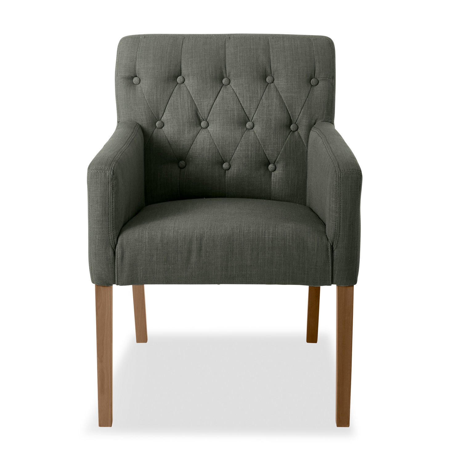 gris Fauteuil Betterton gris en tissu avec dossier capitonné et pieds en bois pour salon