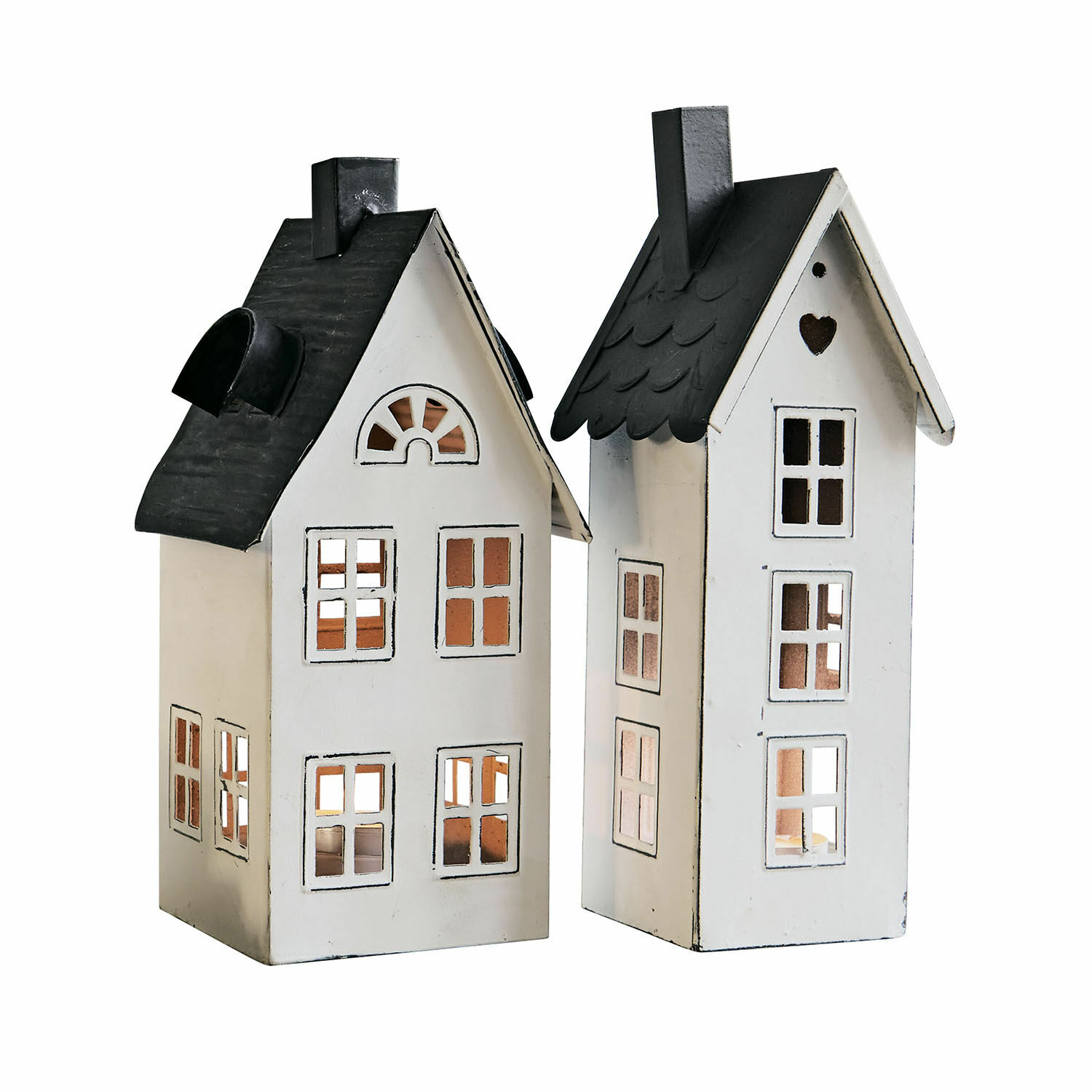 2 lanternes maisonnettes Gunar Maisons décoratives en métal blanc avec toits noirs, décoration intérieure et extérieure élégante