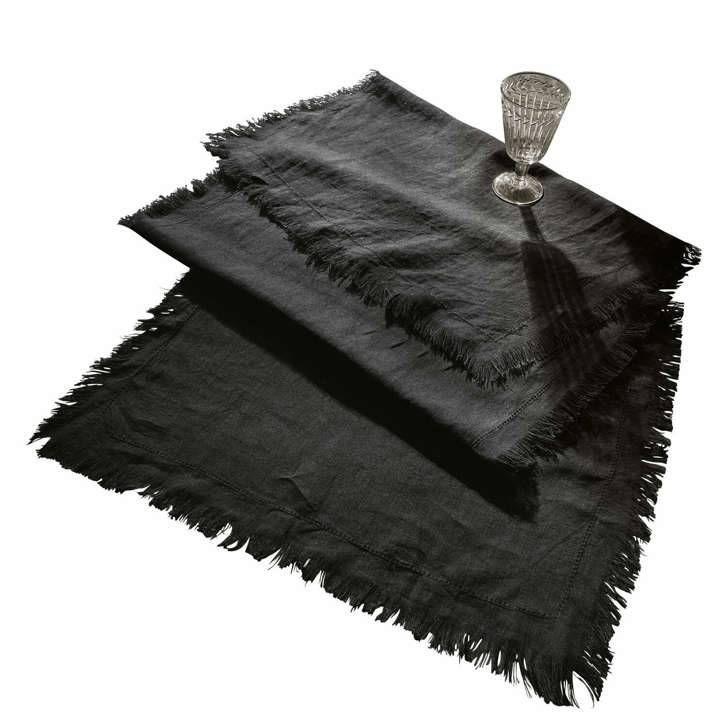 Chemin de table Pibrac Nappe en lin noire avec franges, décorative et fonctionnelle pour la table, textile maison
