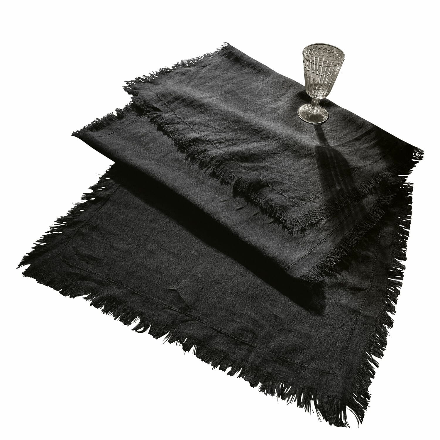 Chemin de table Pibrac Nappe en lin noire avec franges, décorative et fonctionnelle pour la table, textile maison