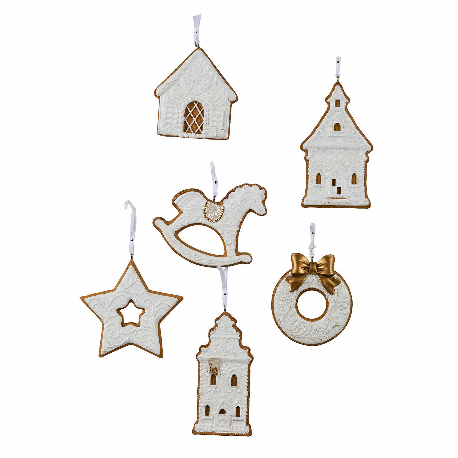 Lot de 6 décorations à suspendre Roéline Ensemble de décorations de Noël blanches en forme de maison, cheval à bascule et étoile avec rubans