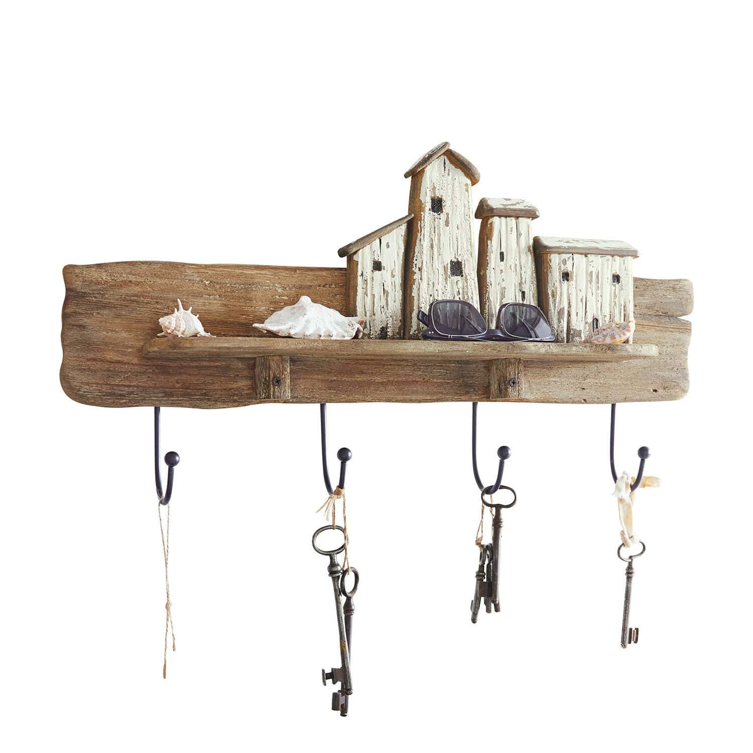 Portemanteau Charmani Porte-clés mural en bois rustique avec décor de maisons et coquillages style marin
