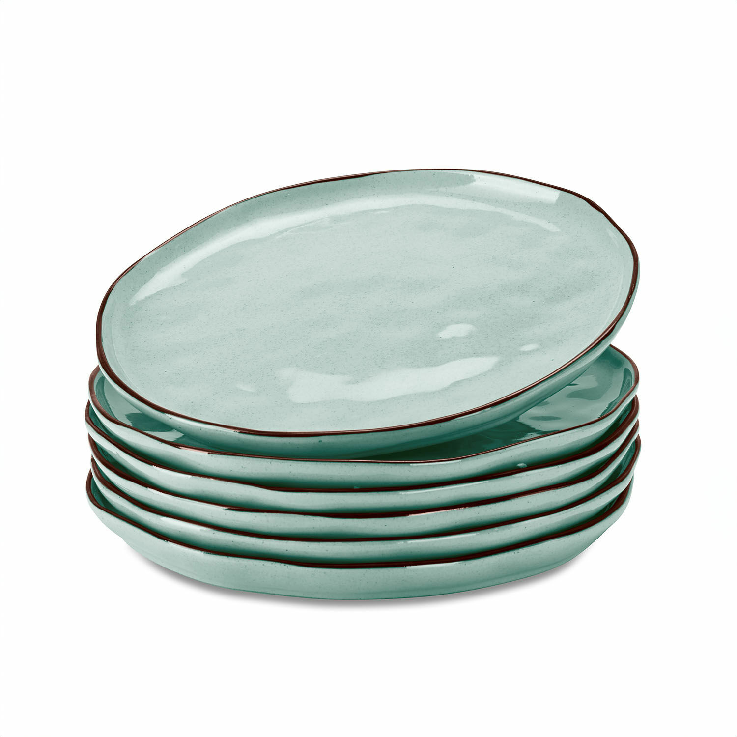 turquoise Ensemble de 6 assiettes turquoises en céramique Biarritz avec bord marron pour repas