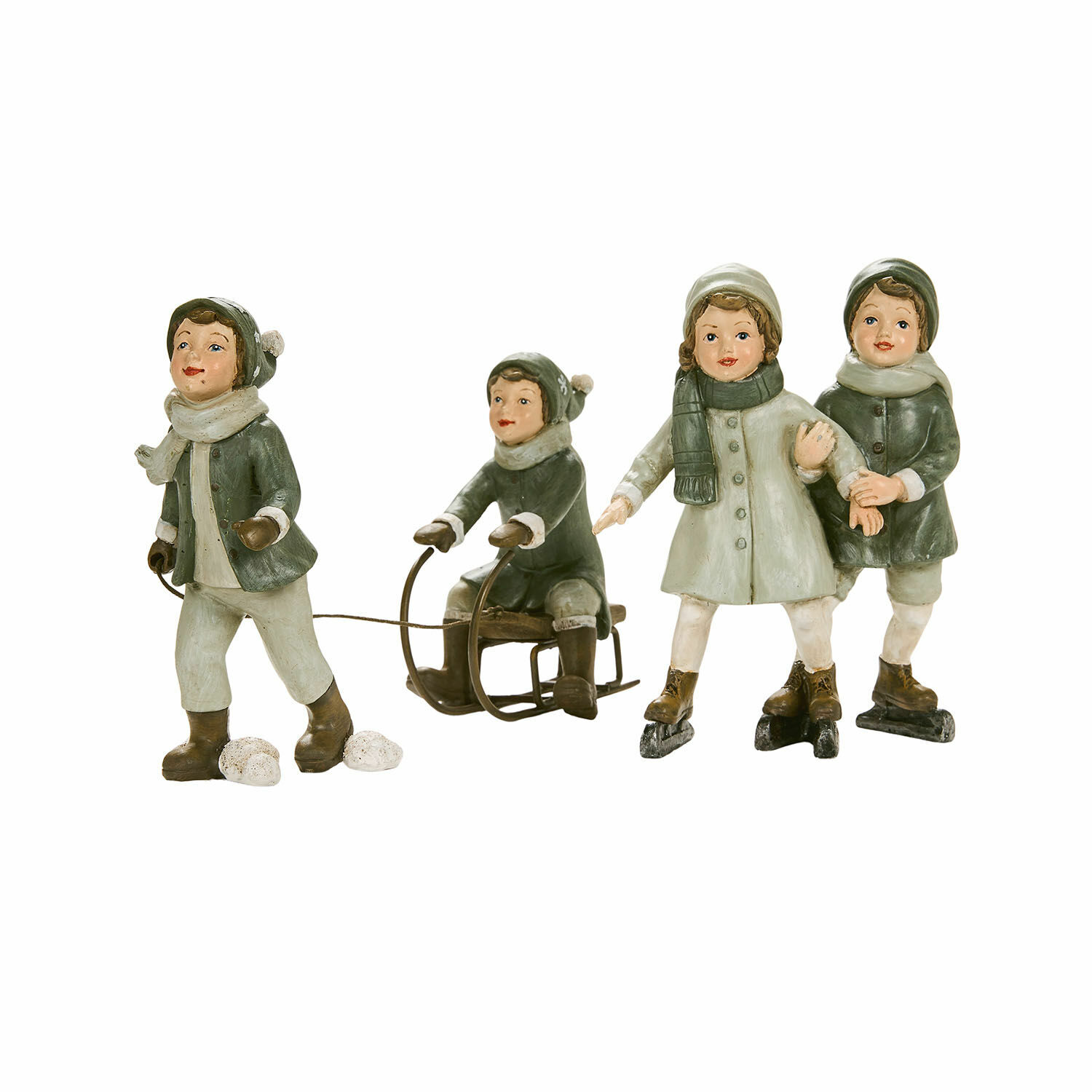 vert Ensemble de figurines d'enfants en vêtements d'hiver verts jouant à la luge et au patinage