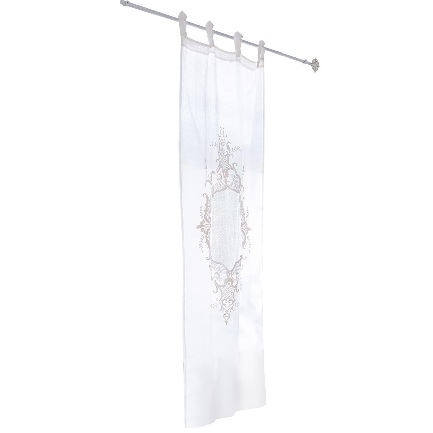 Voilage Leia Rideau blanc en lin avec broderie décorative et boucles pour suspension, décoration de fenêtre