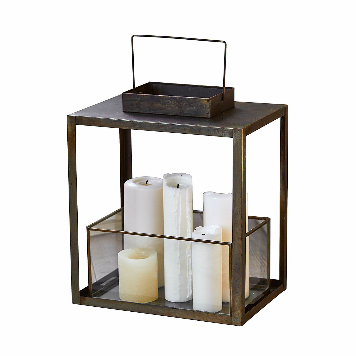 Lanterne Abbracciante Lanterne en métal avec verre transparent et bougies blanches dans un style rustique décoratif