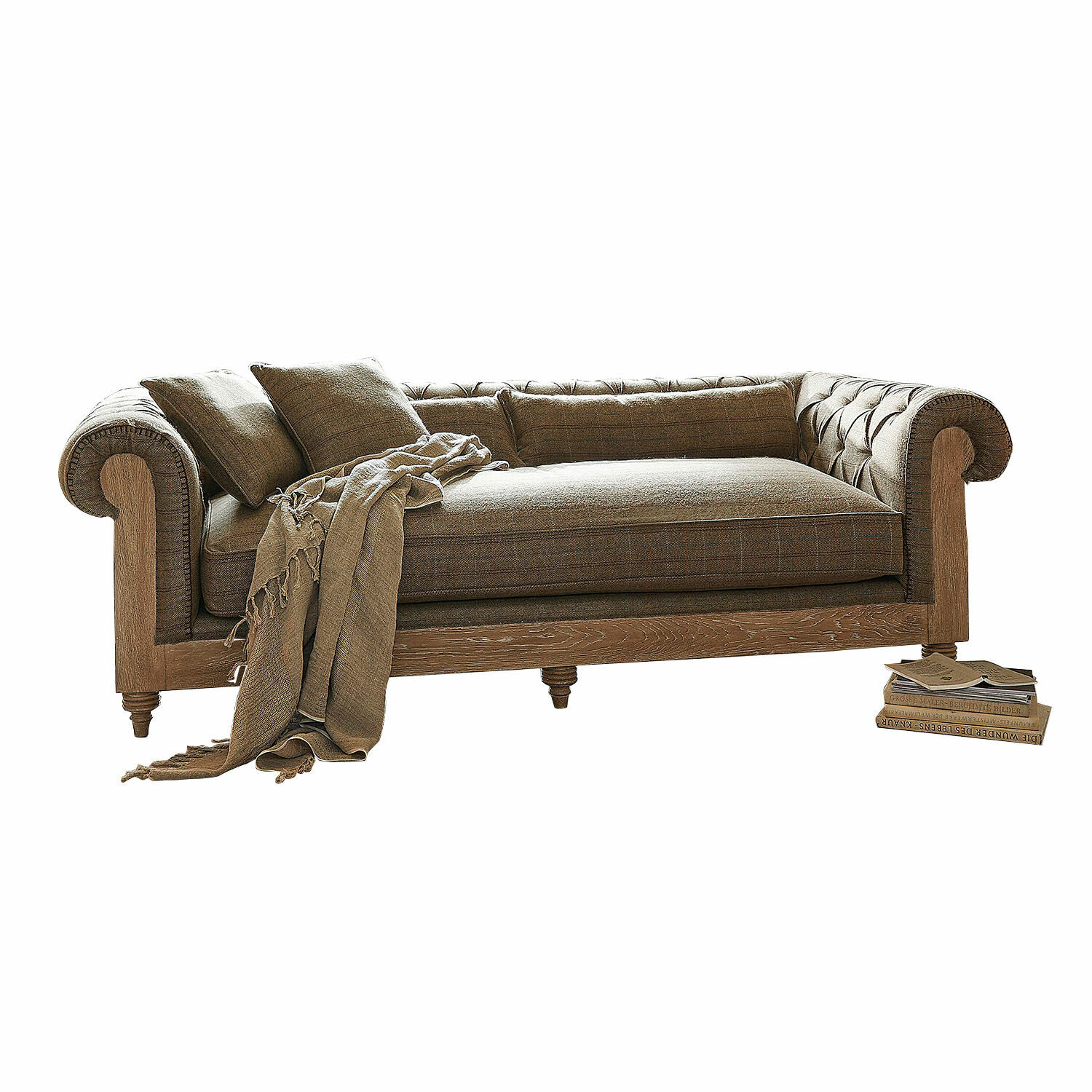 marron Canapé Kanani marron en tissu et bois avec coussins et plaid, meuble confortable pour salon