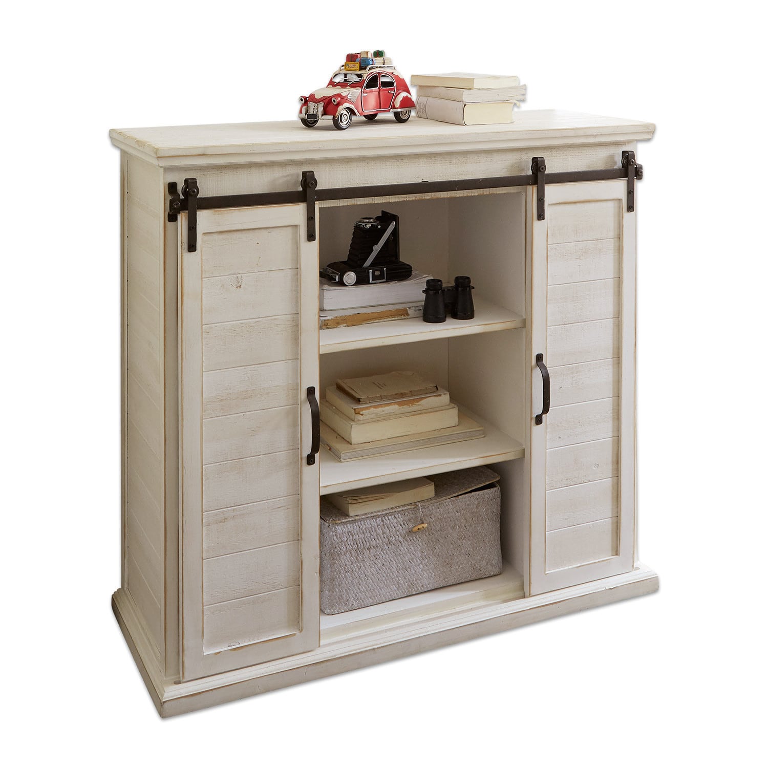 Commode Perrin Buffet en bois blanc avec portes coulissantes et étagères pour livres et objets décoratifs