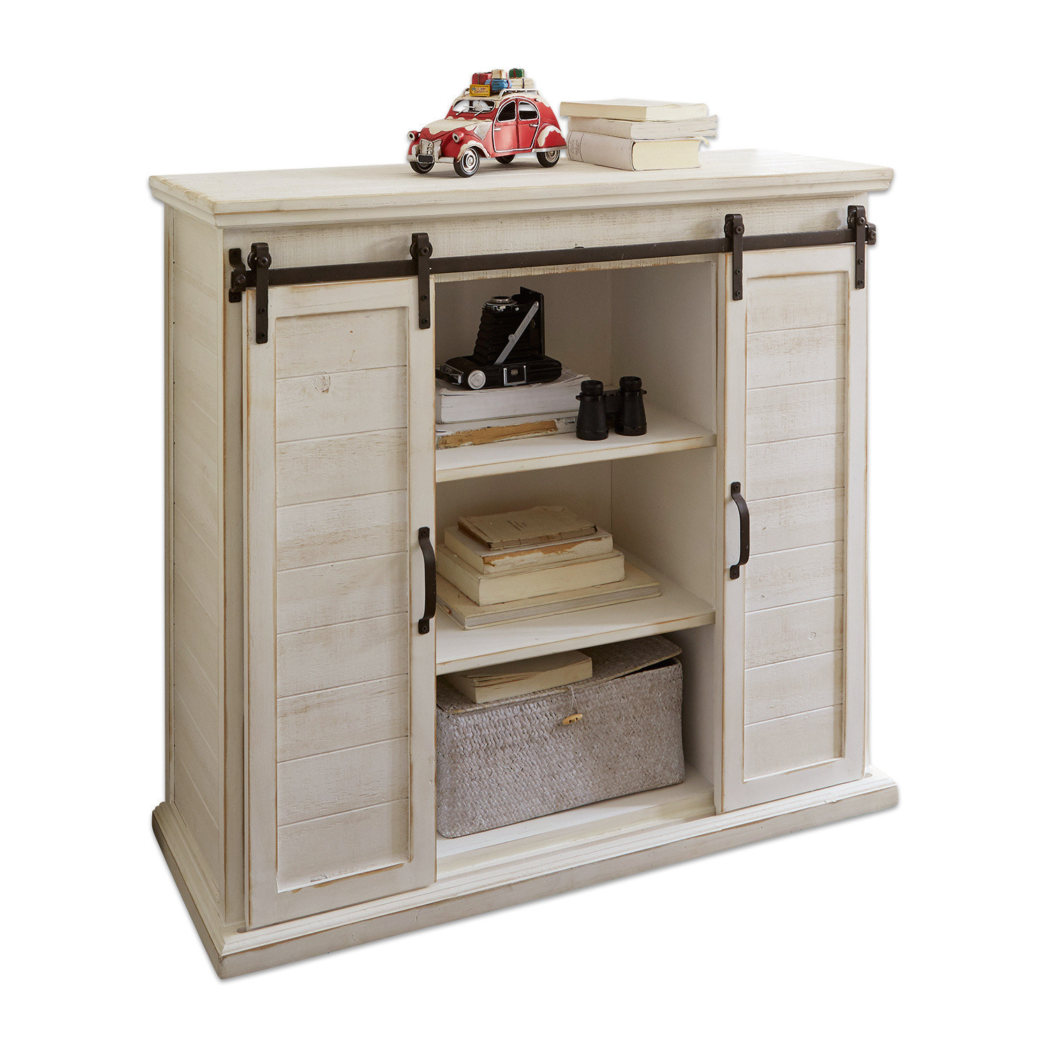 Commode Perrin Buffet en bois blanc avec portes coulissantes et étagères pour livres et objets décoratifs