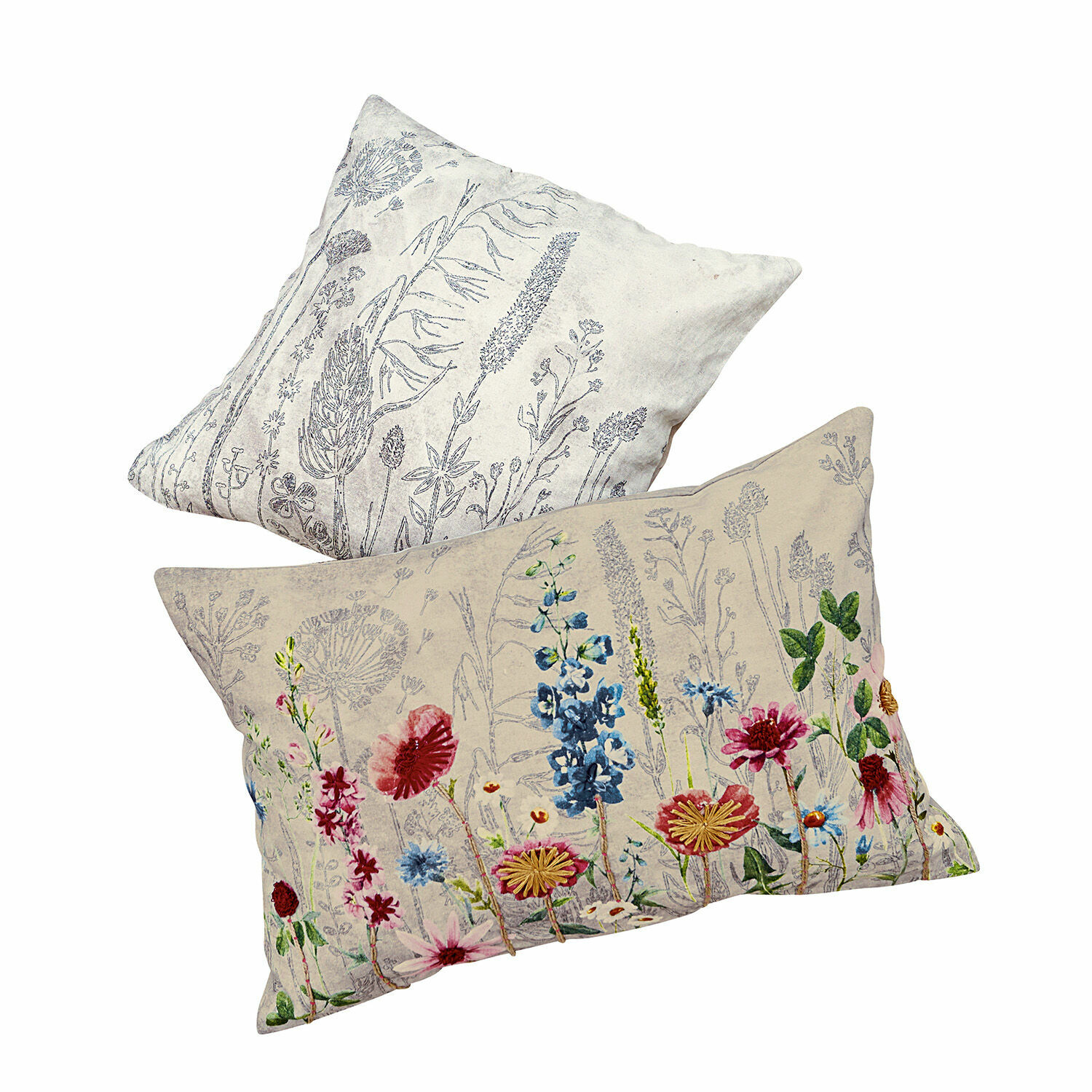 Lot de 2 housses de coussins Eleonoire Ensemble de deux coussins en lin beige et gris avec motifs floraux, textiles décoratifs pour salon