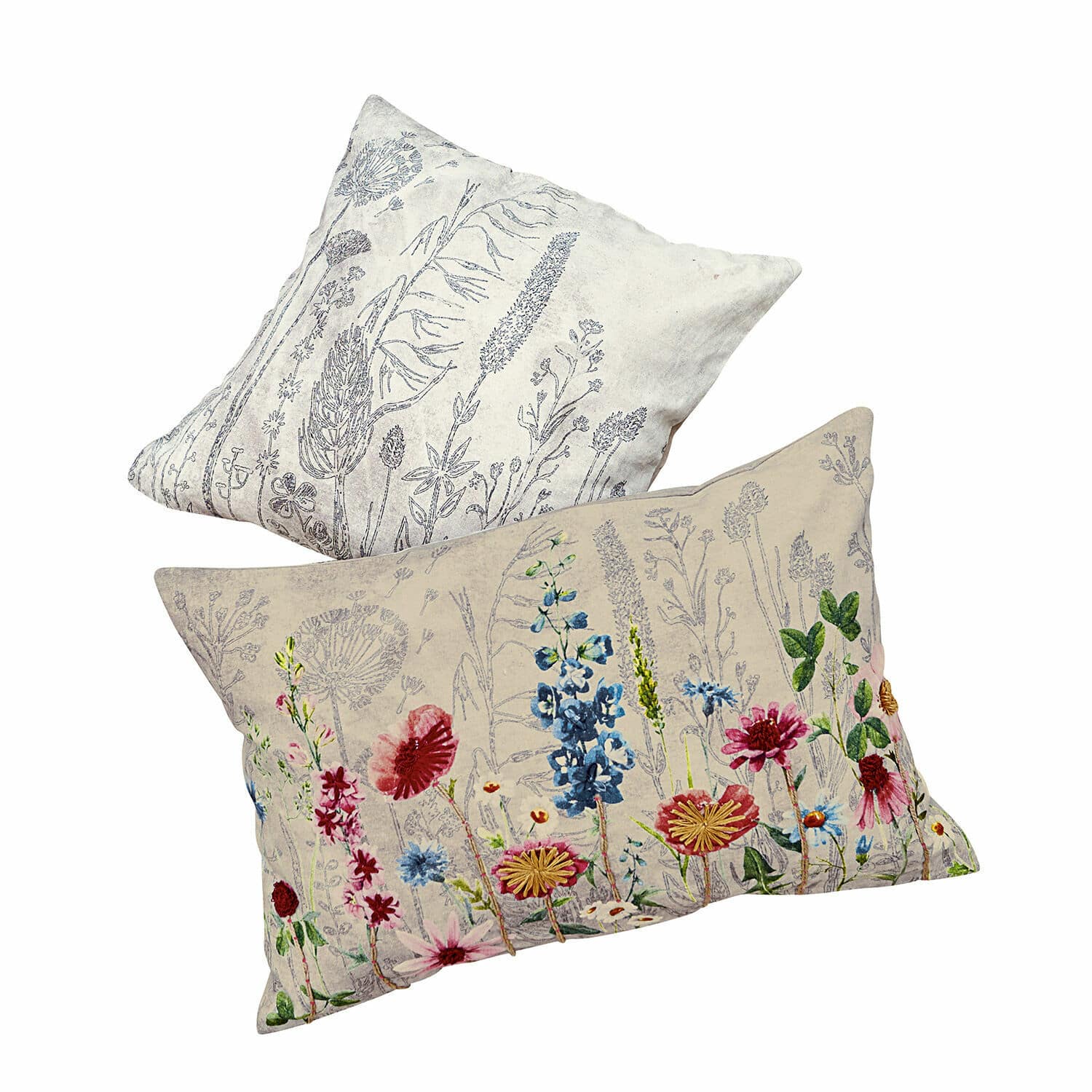 Lot de 2 housses de coussins Eleonoire Ensemble de deux coussins en lin beige et gris avec motifs floraux, textiles décoratifs pour salon